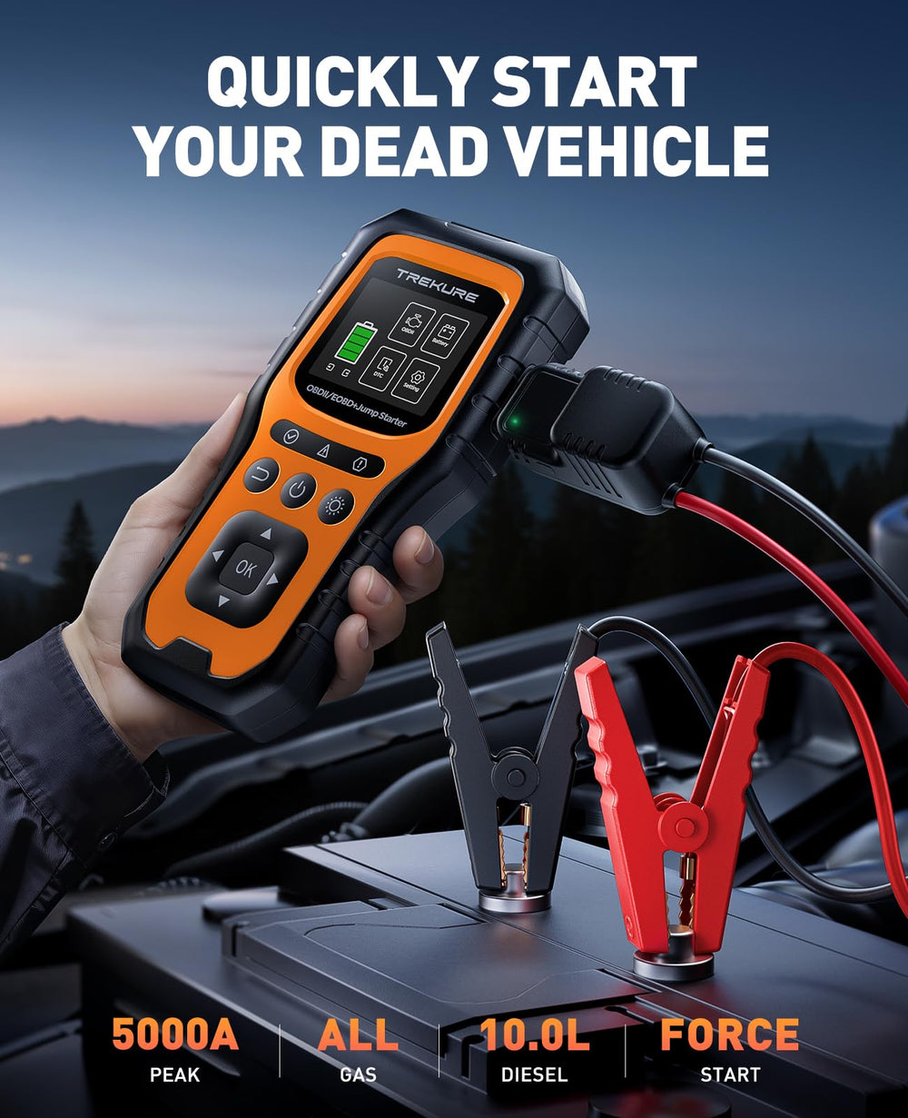 TREKURE 5000A jump starter portable unit side view showing strong start power.