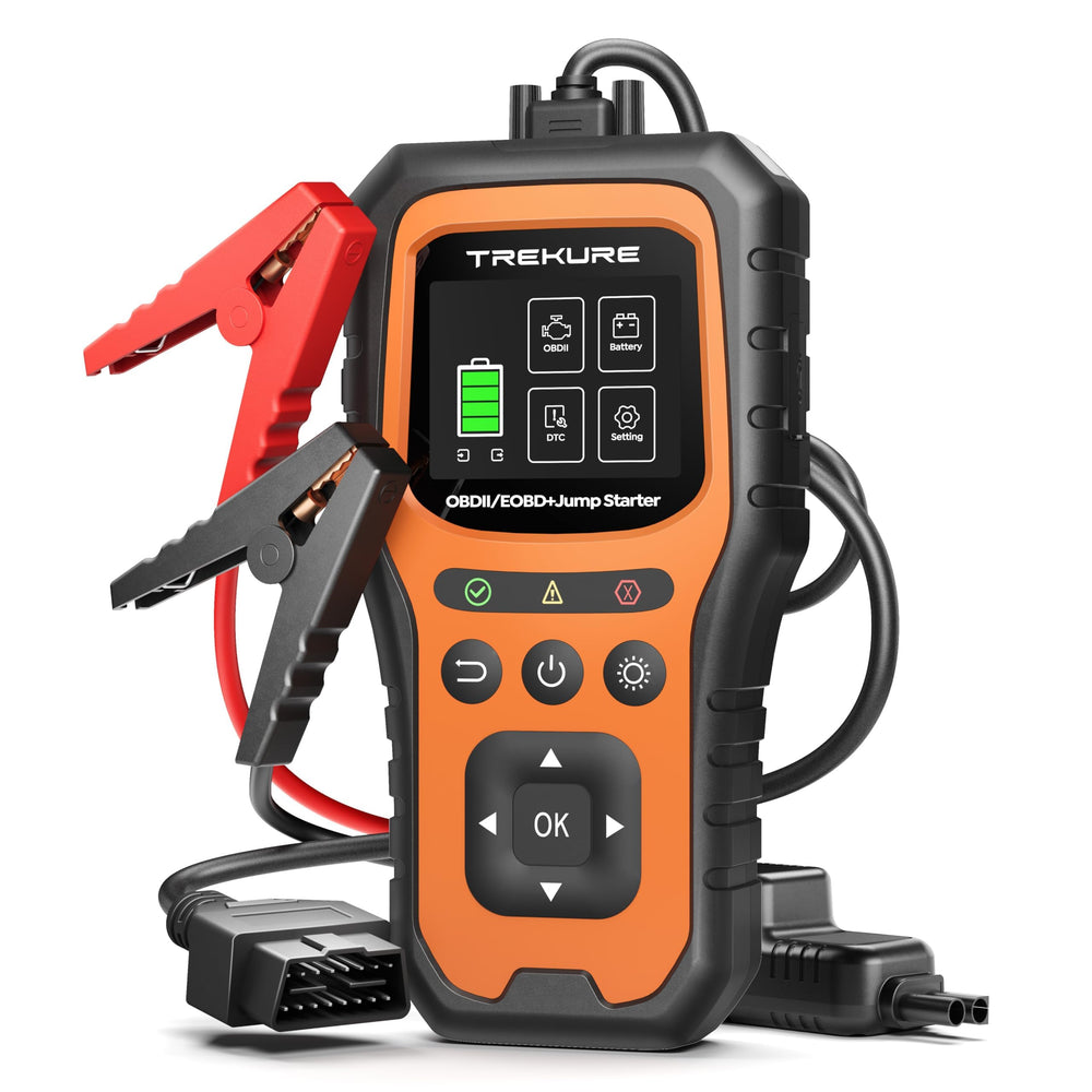 TREKURE car battery jump starter with OBD2 scanner front view for quick diagnostics.
