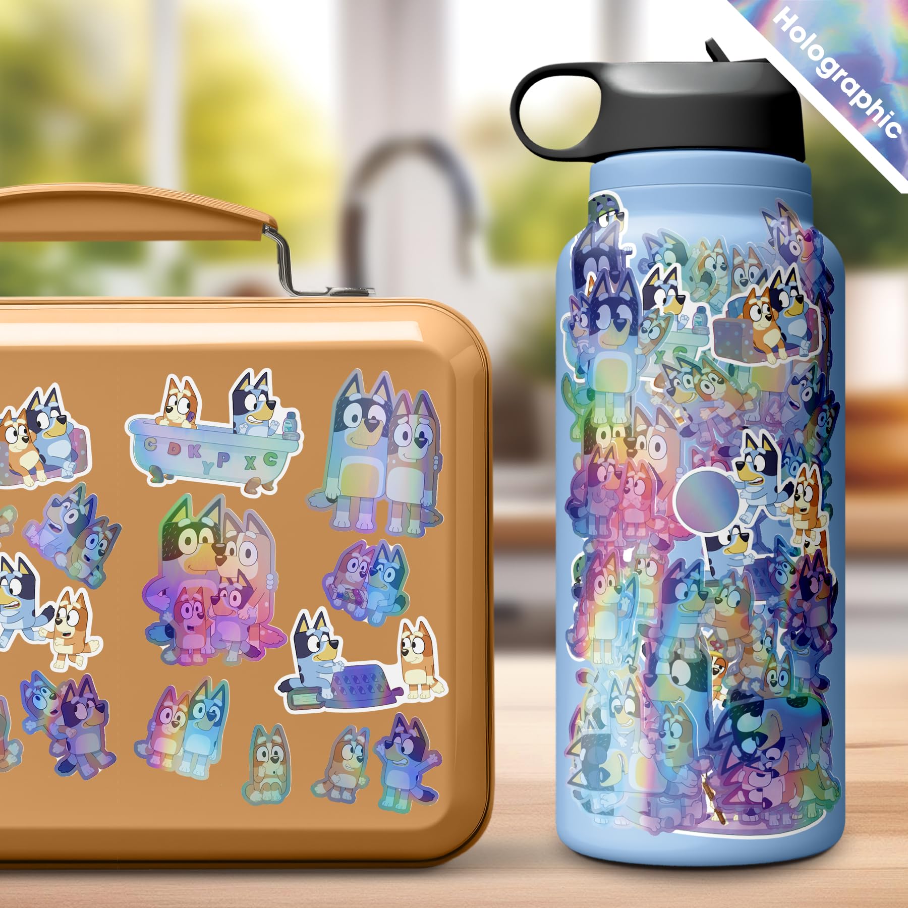 Trends International Bluey holographic stickers on laptop showcase eye-catching shine