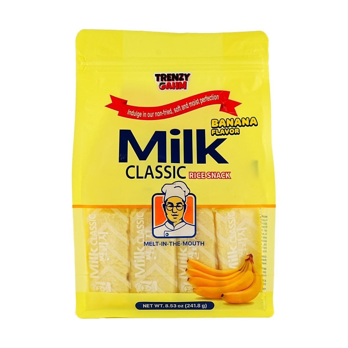 TRENZY GAHM rice crackers in the classic milk package for crisp, convenient snacking.