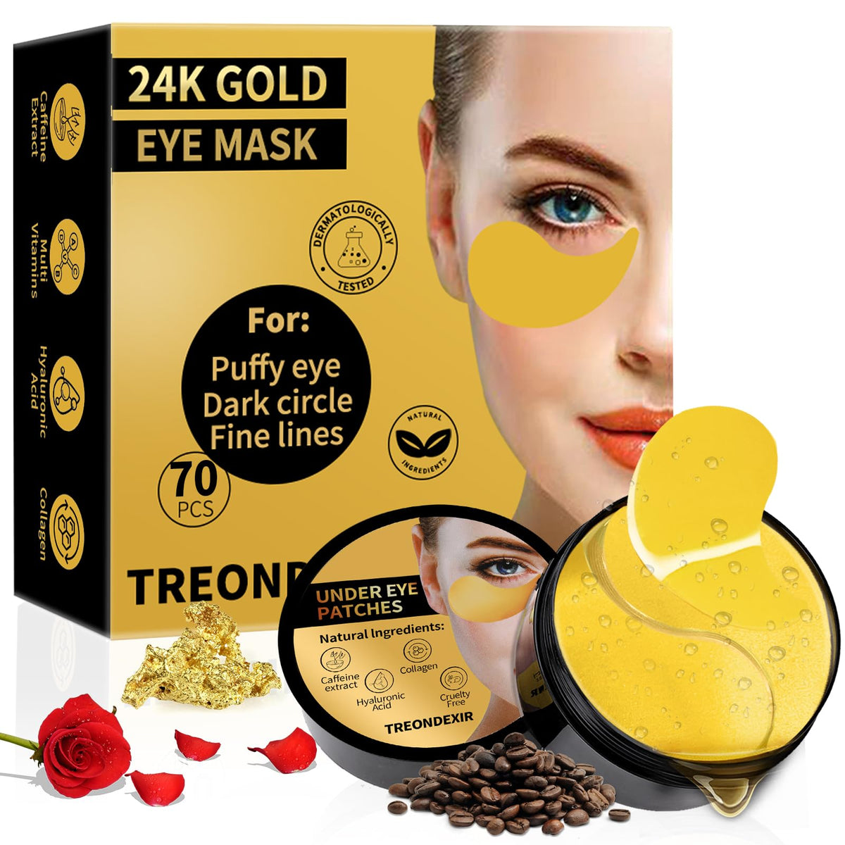 Treondexir 24K Gold Eye Masks provide cooling under-eye care for a refreshed look.