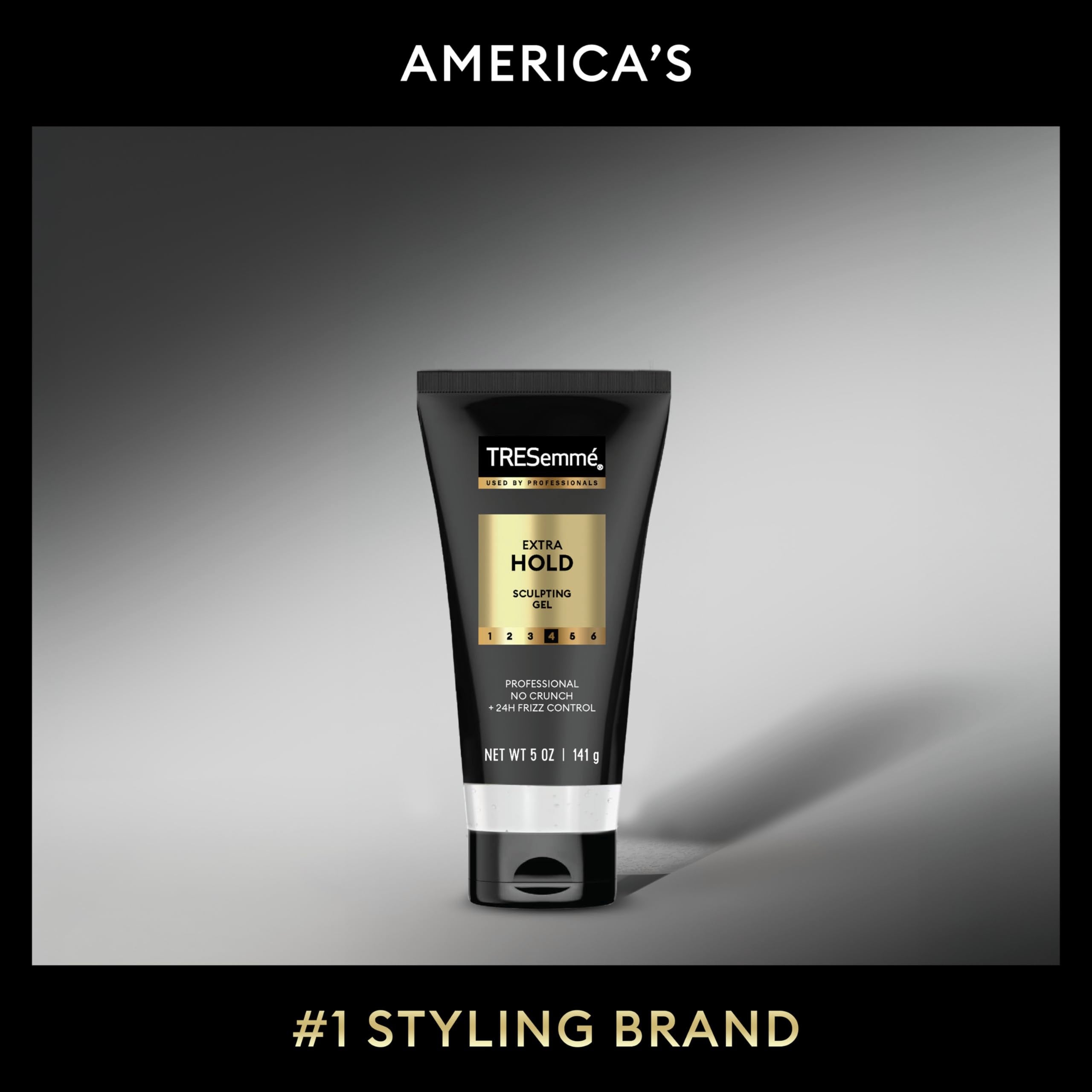 TRESemmé bottle highlighting shine and long-lasting hold in styling