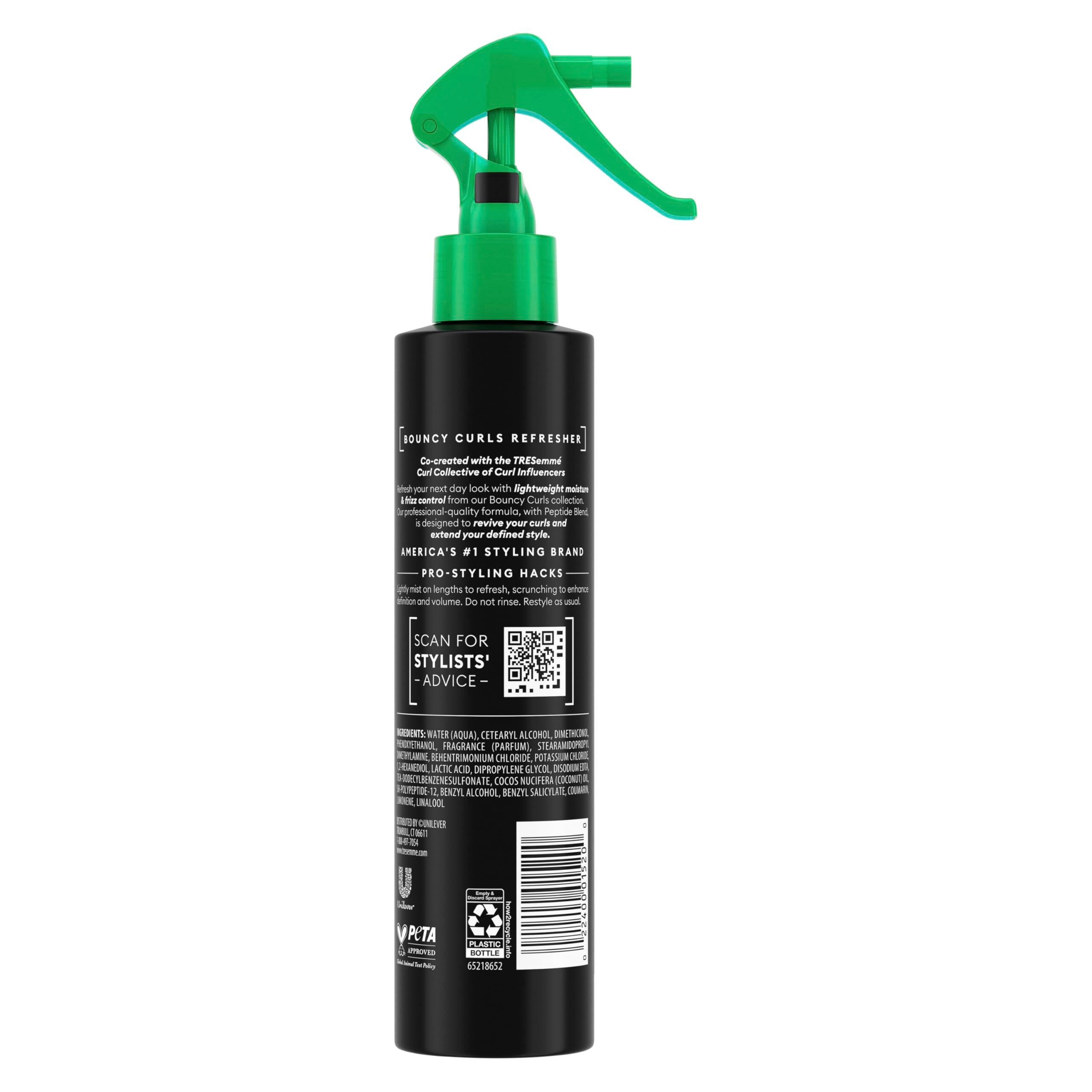 Close-up of TRESemmé Leave-In Refresher spray delivering lightweight hydration for defined waves.