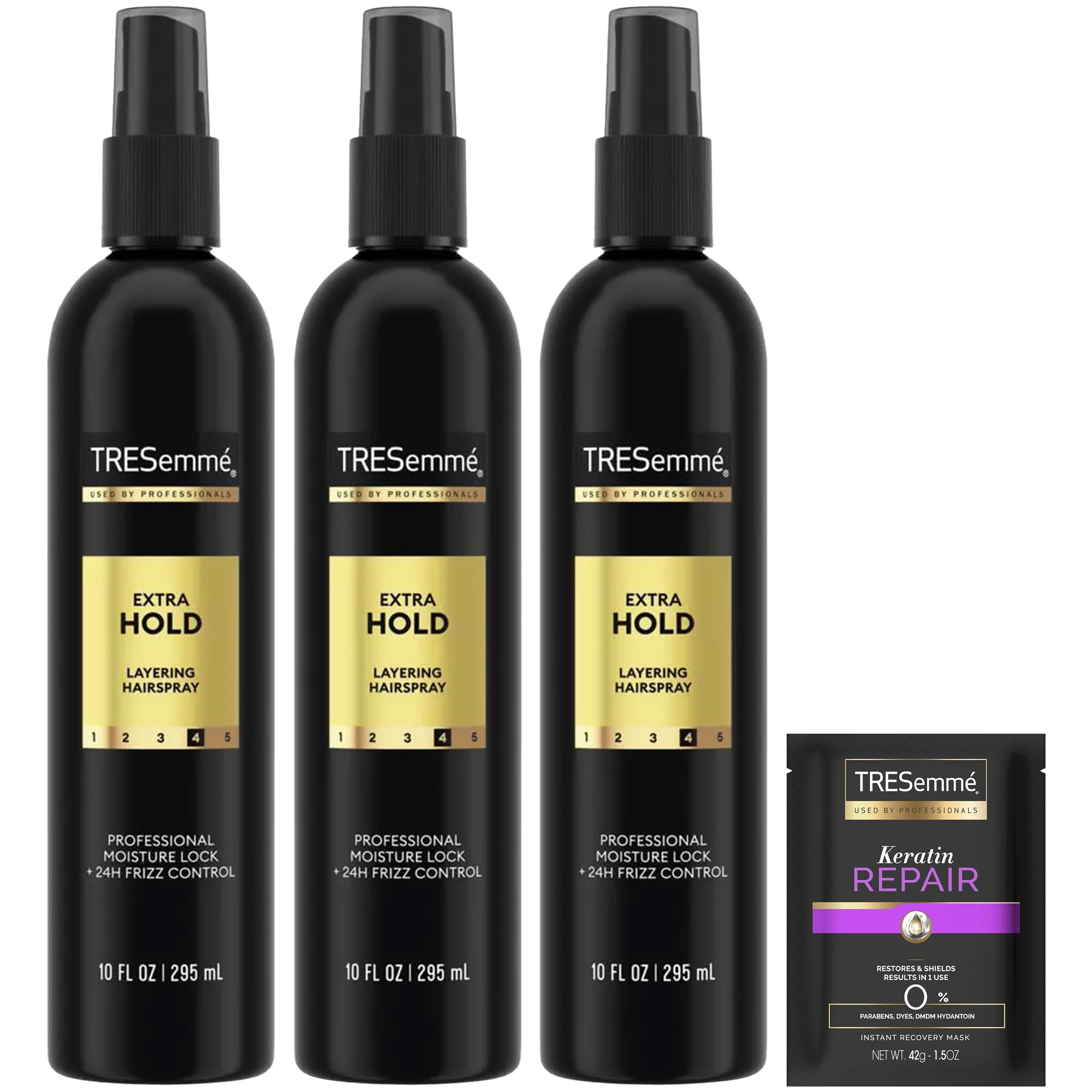 TRESemmé Extra Hold Hairspray bottle close-up for durable styling and shine