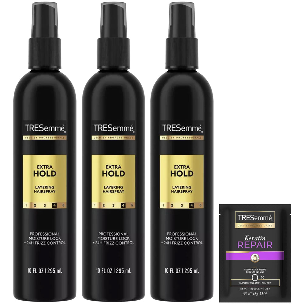 TRESemmé Extra Hold Hairspray bottle close-up for durable styling and shine