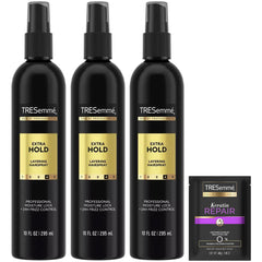 TRESemmé Extra Hold Hairspray bottle close-up for durable styling and shine