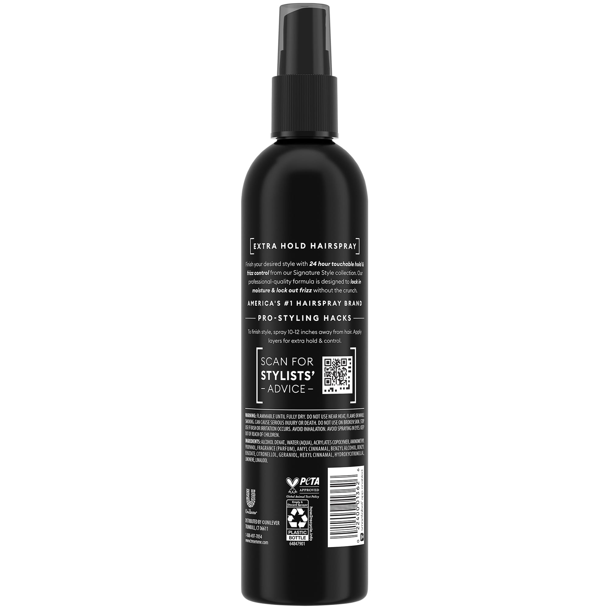 TRESemmé non-aerosol hairspray 3-pack box highlights 24-hour hold
