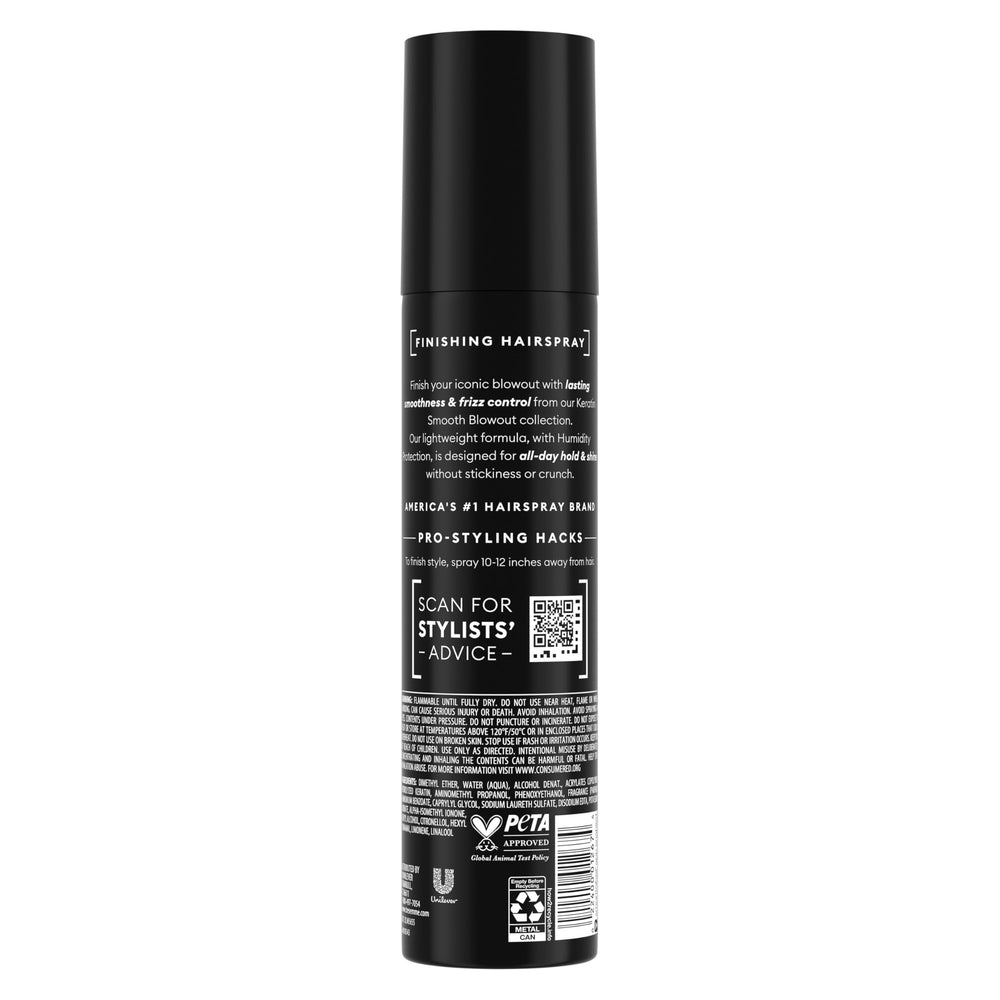 Tresemme Keratin Smooth Blowout Finishing Spray mist shown for even coverage and shine.