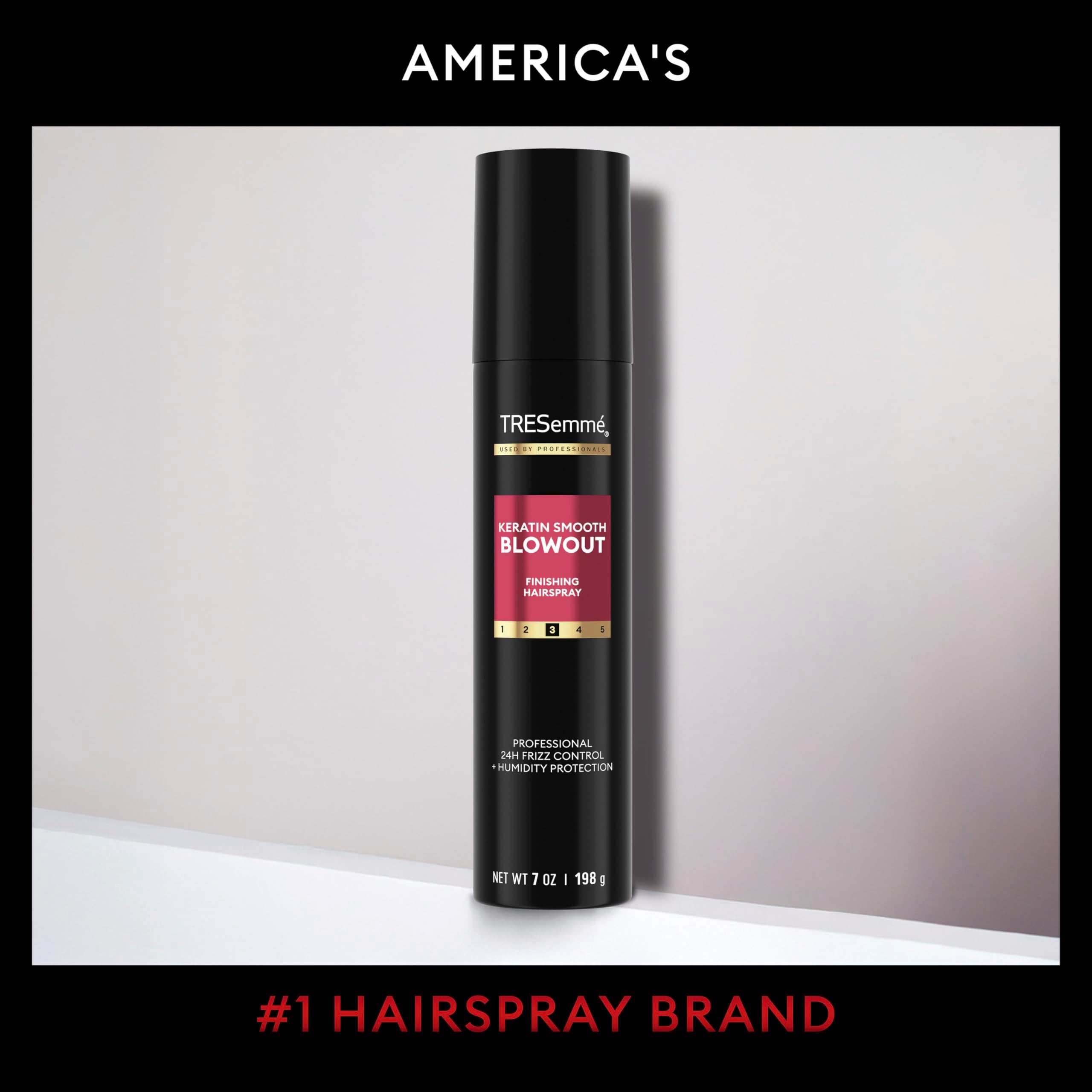 Tresemme Keratin Smooth Blowout Finishing Spray close-up highlighting a glossy, frizz-free finish.