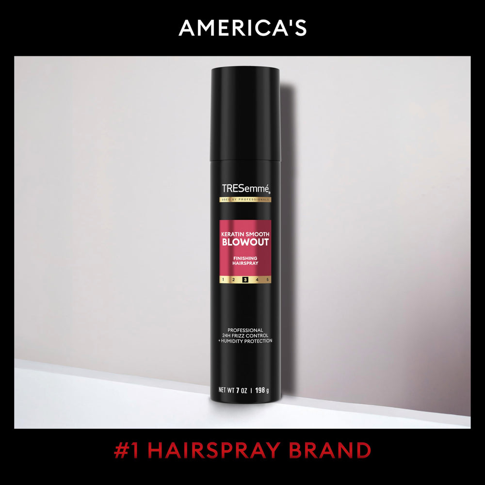 Tresemme Keratin Smooth Blowout Finishing Spray close-up highlighting a glossy, frizz-free finish.