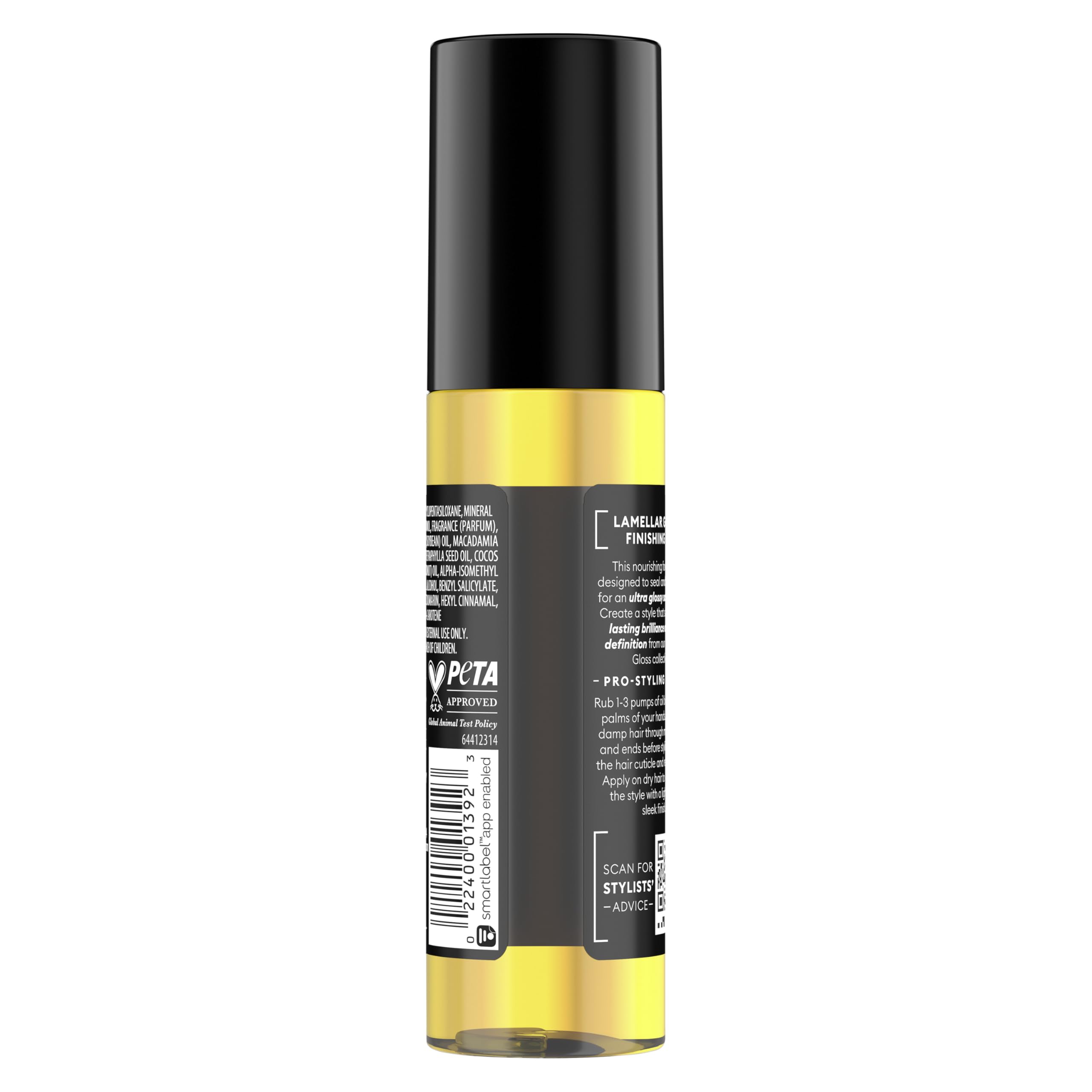 TRESemmé Lamellar Gloss Oil applied to damp hair seals cuticles and adds shine.