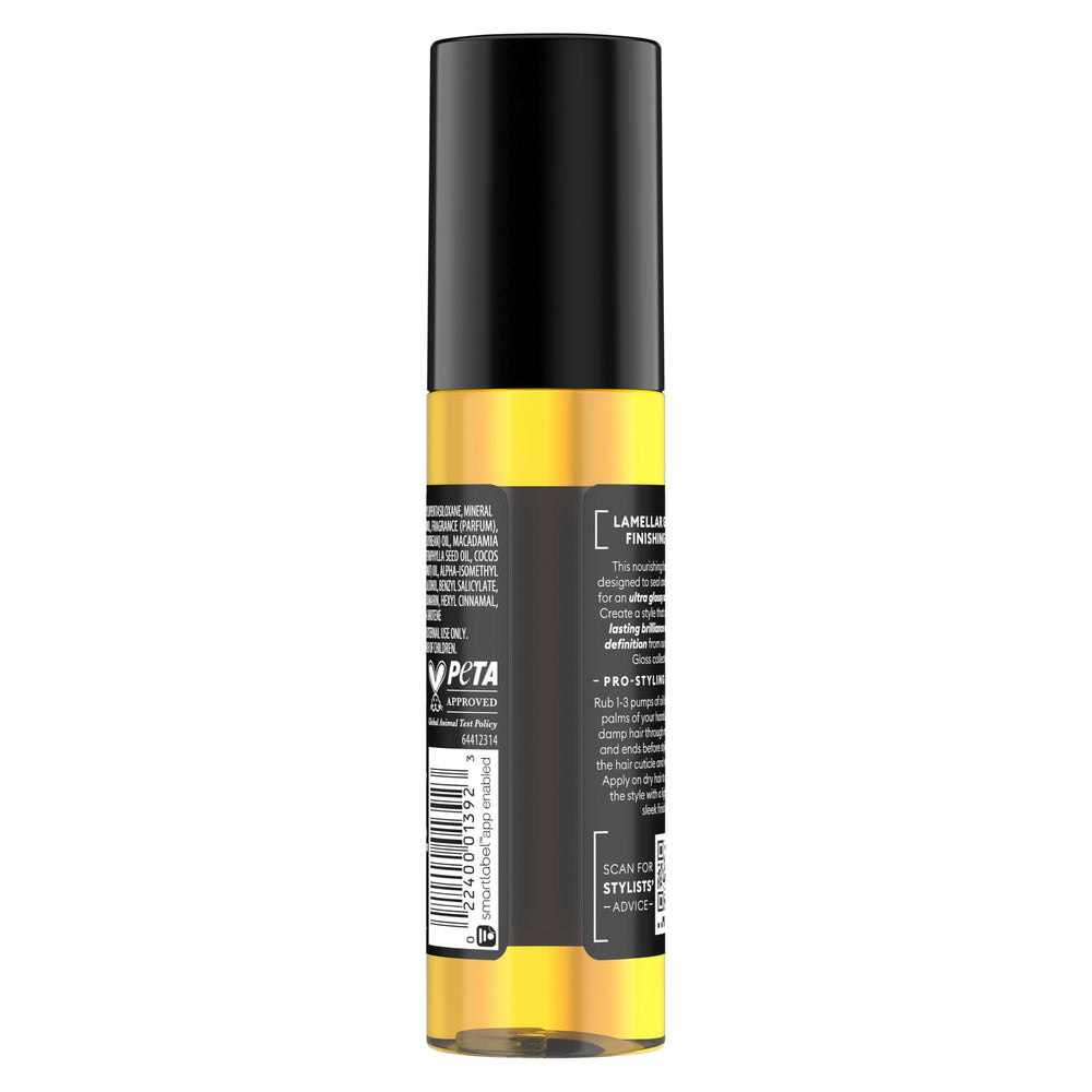 TRESemmé Lamellar Gloss Oil applied to damp hair seals cuticles and adds shine.