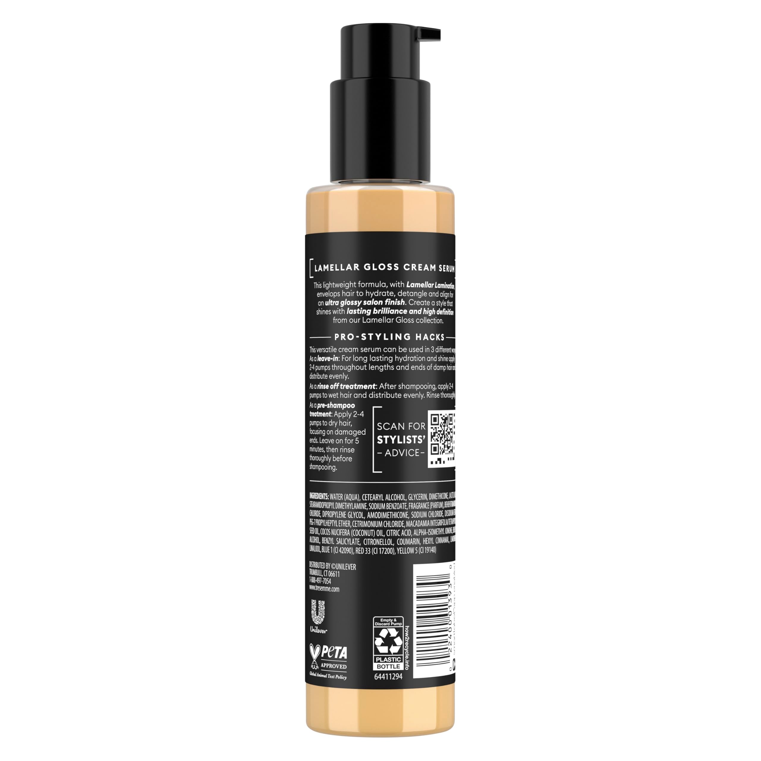 TRESemmé Lamellar Gloss Serum applied to damp hair for leave-in shine