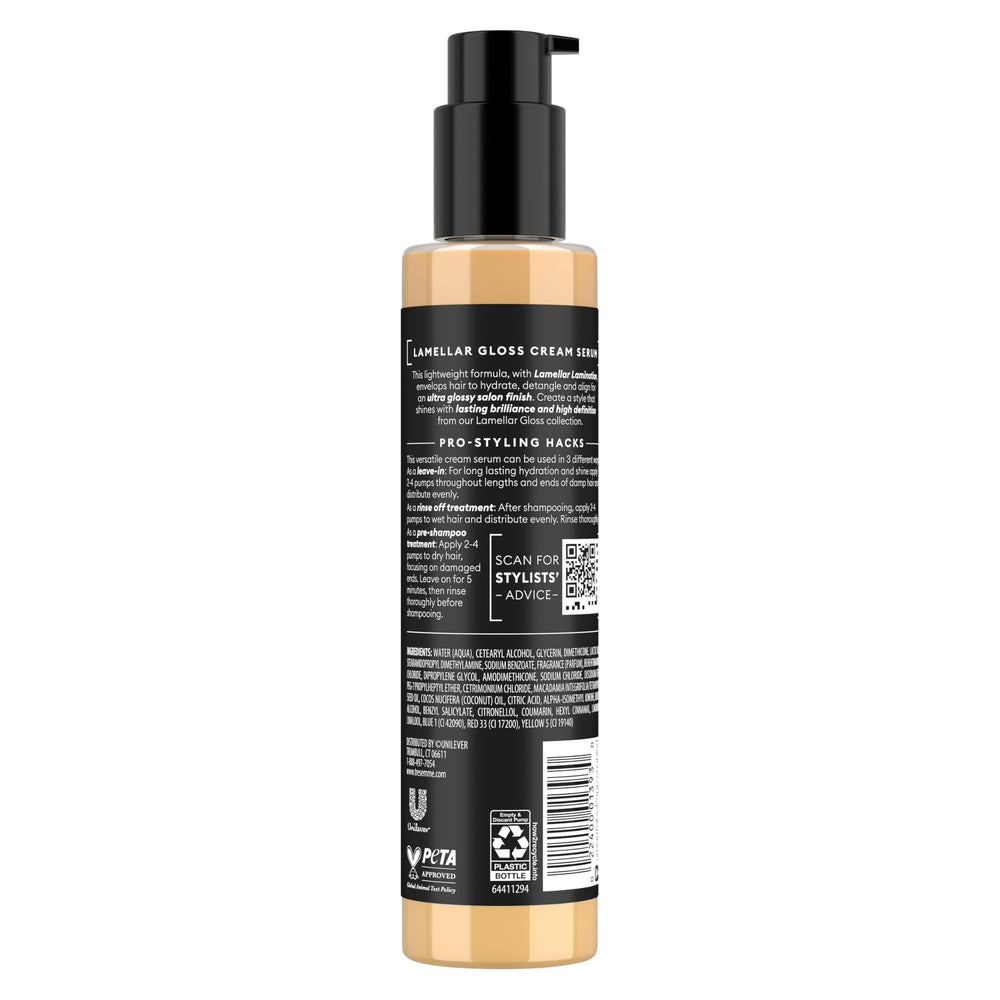 TRESemmé Lamellar Gloss Serum applied to damp hair for leave-in shine