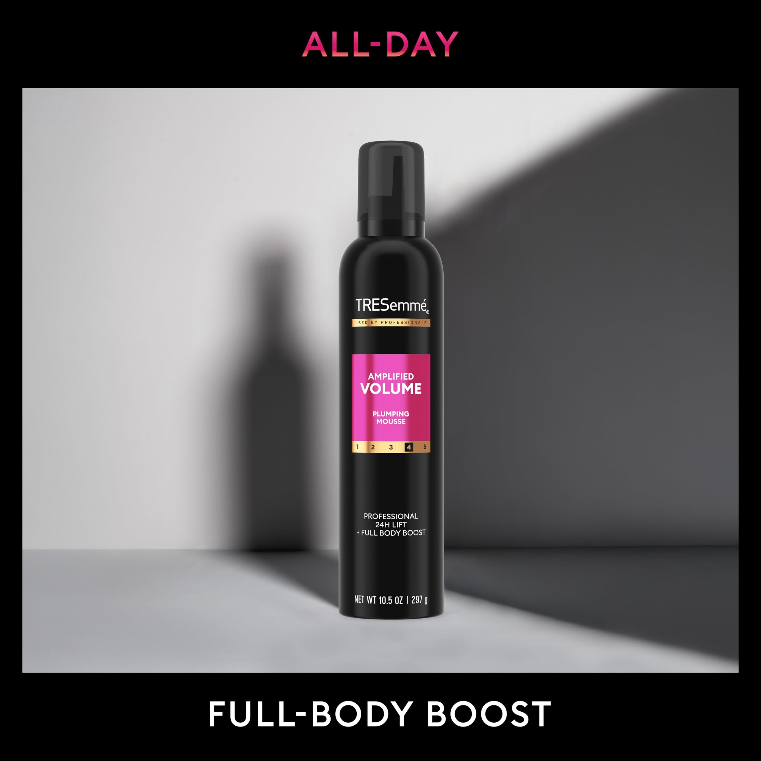 Packaging highlight showing the 24H lift claim on TRESemmé mousse