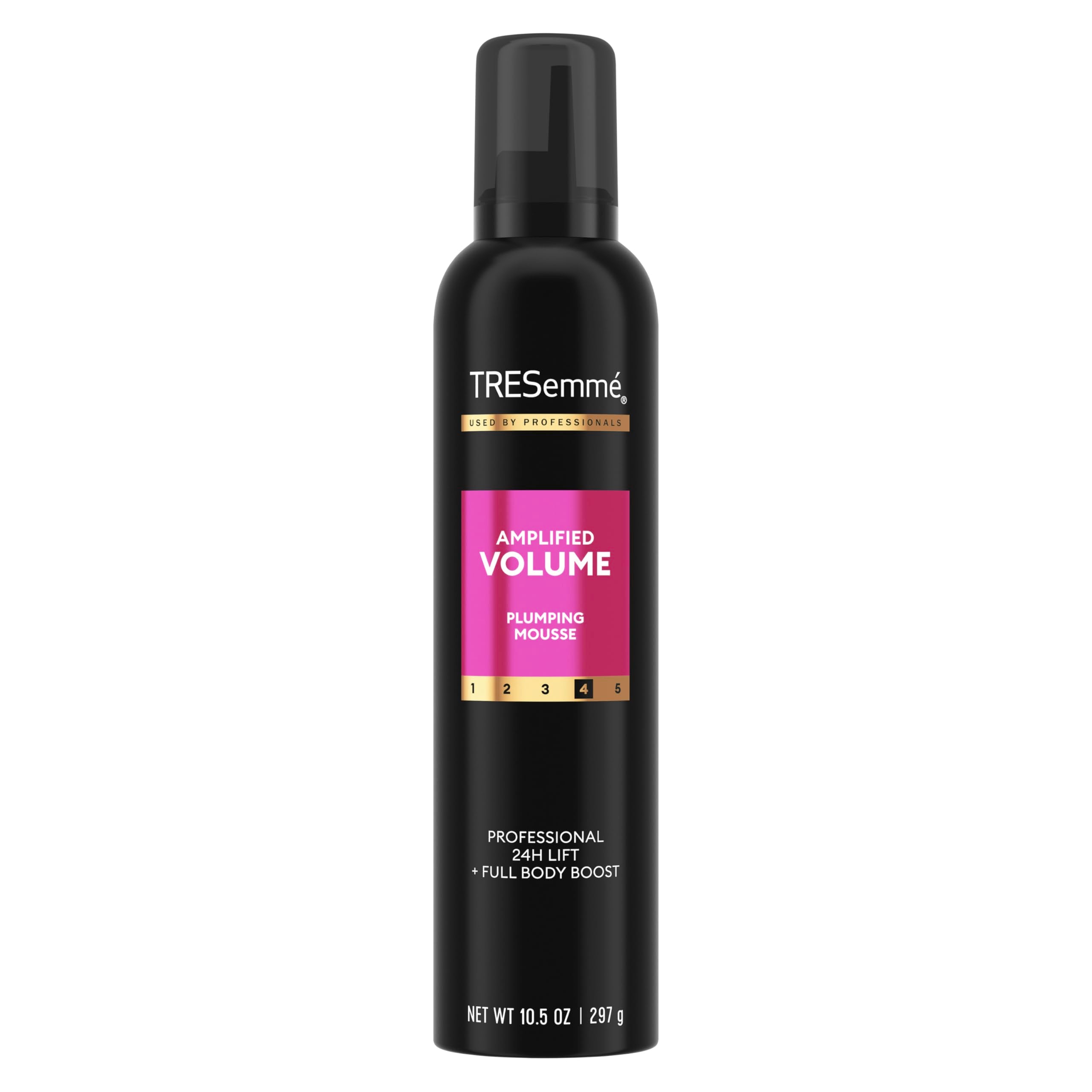 TRESemmé Plumping Mousse bottle close-up showing amplified volume for lasting lift