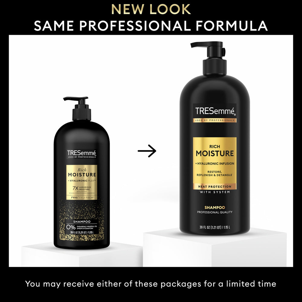 TRESemmé Rich Moisture Shampoo detangling action for smoother hair.