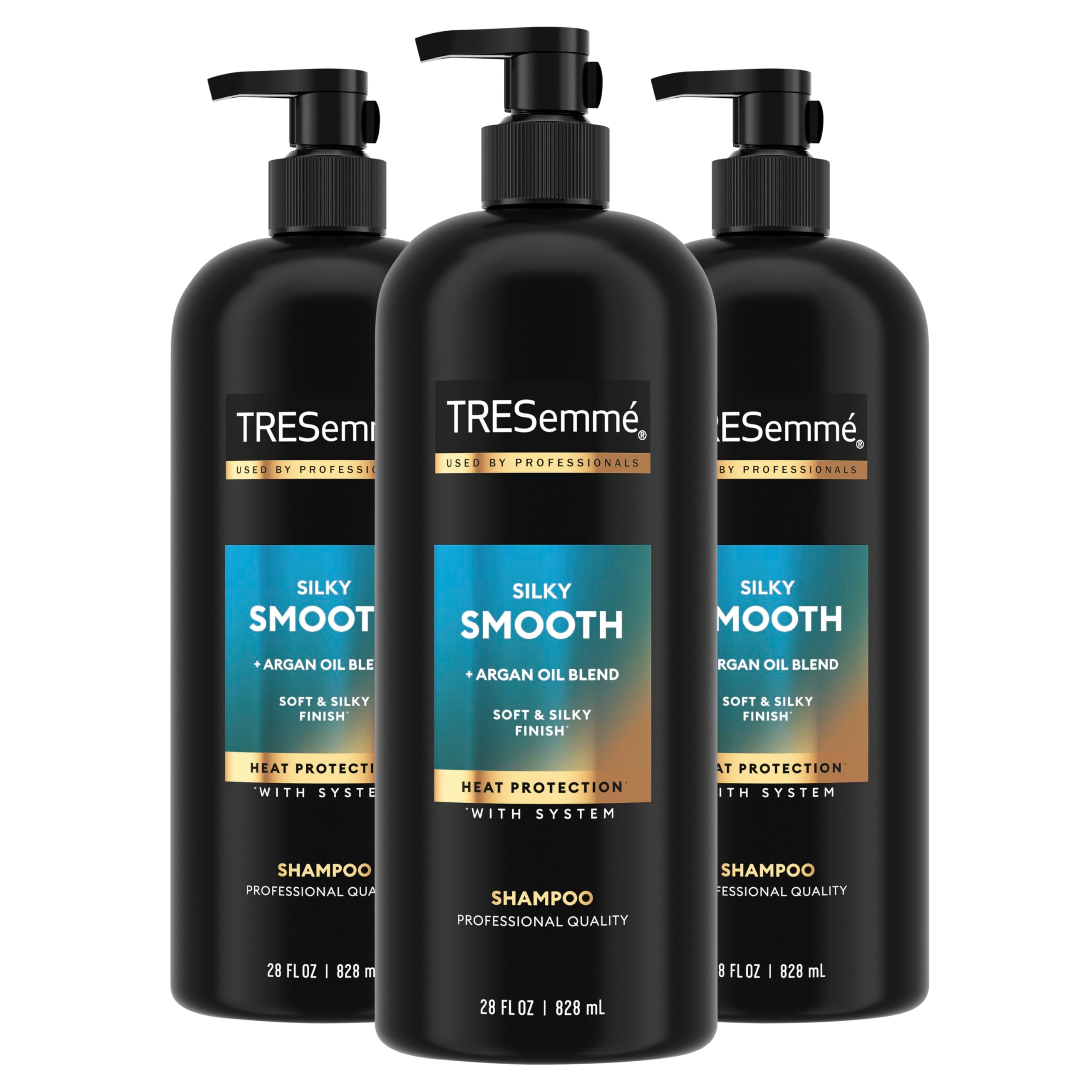 TRESemmé Silky Smooth Shampoo bottle with argan oil blend for frizz control and softness.