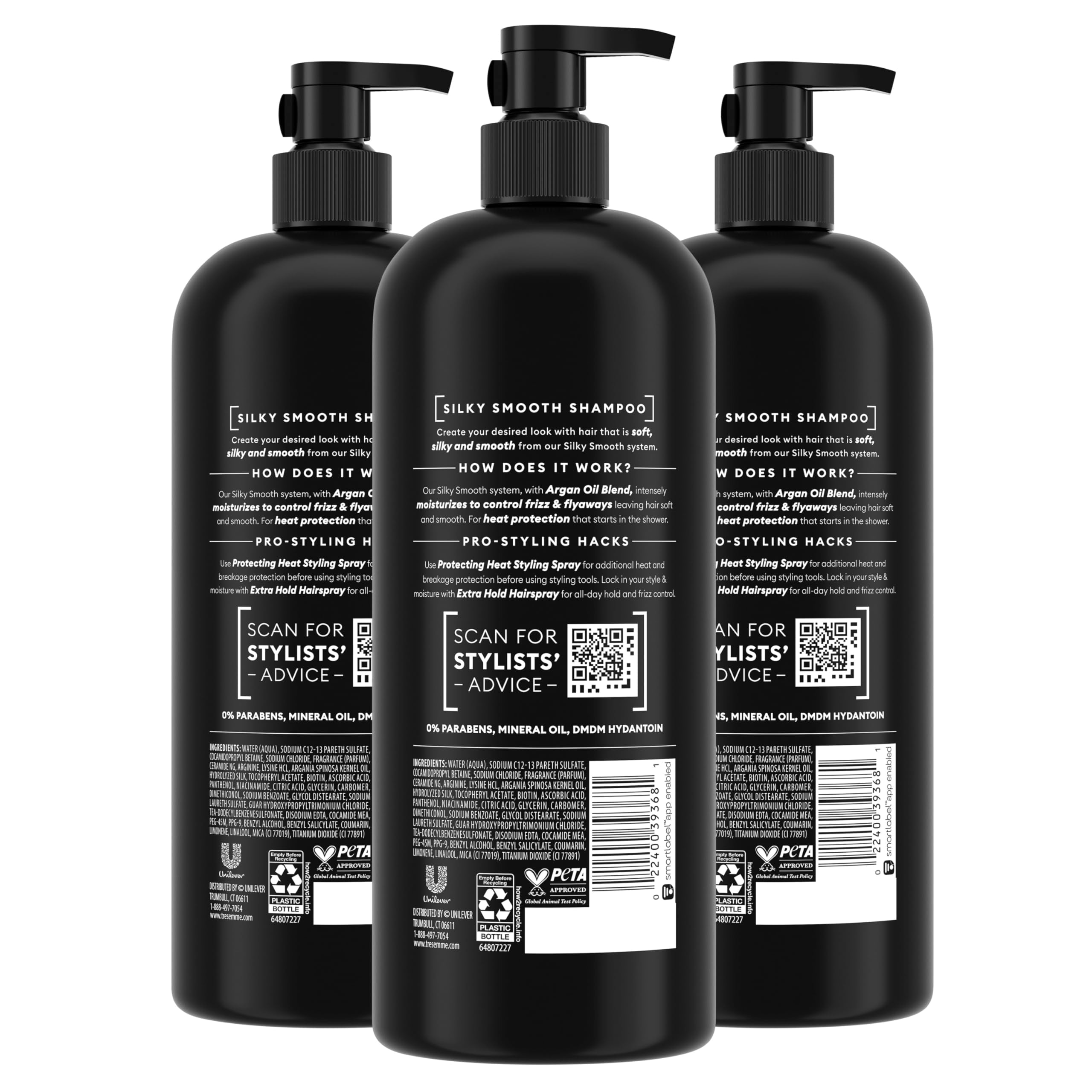 Close-up of TRESemmé Silky Smooth Shampoo bottle emphasizing smoothing results.