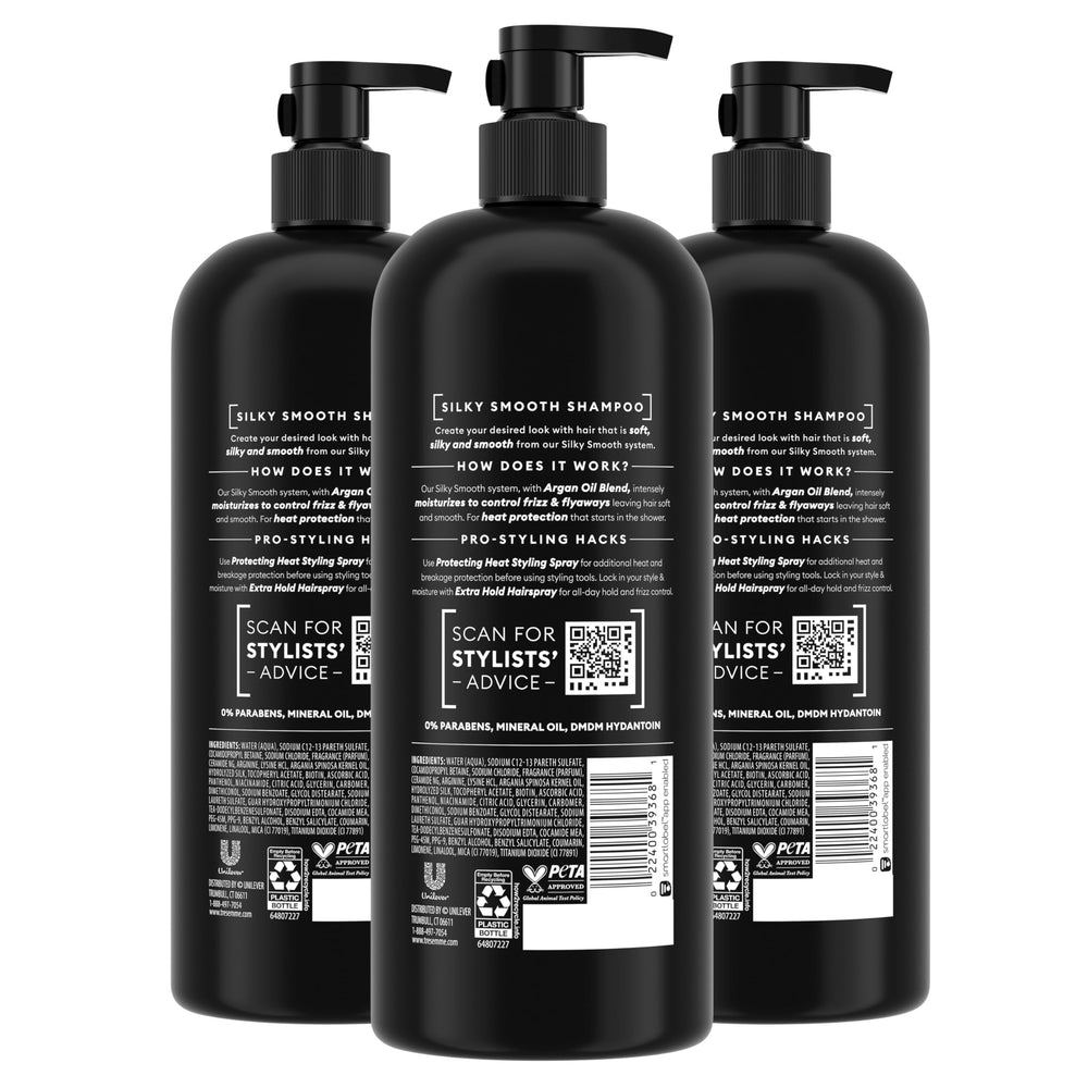 Close-up of TRESemmé Silky Smooth Shampoo bottle emphasizing smoothing results.