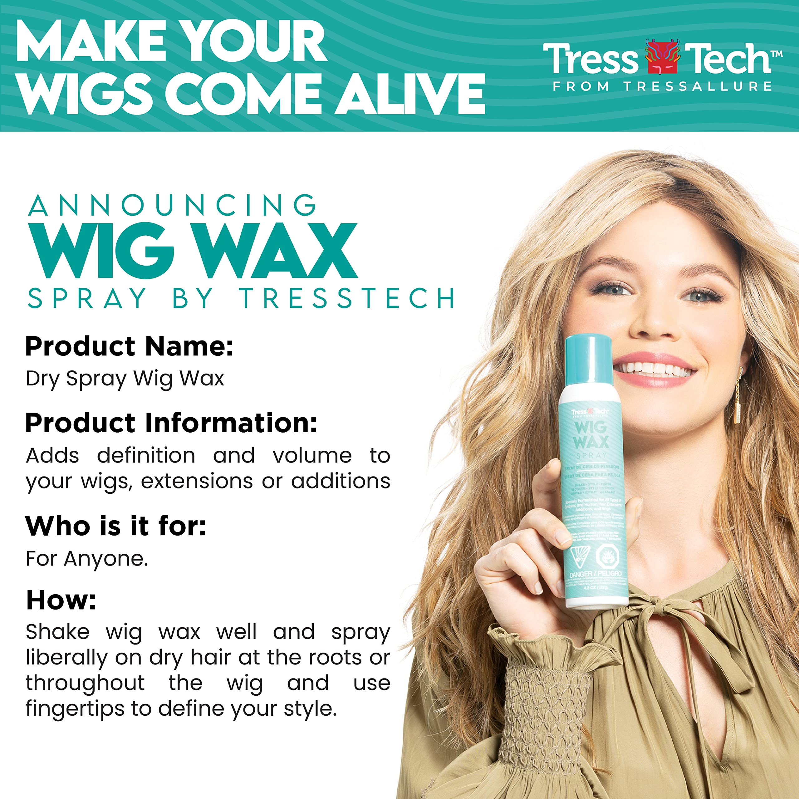 Spray action on wig ends with Tressallure TressTech Dry Spray Wig Wax adds volume.