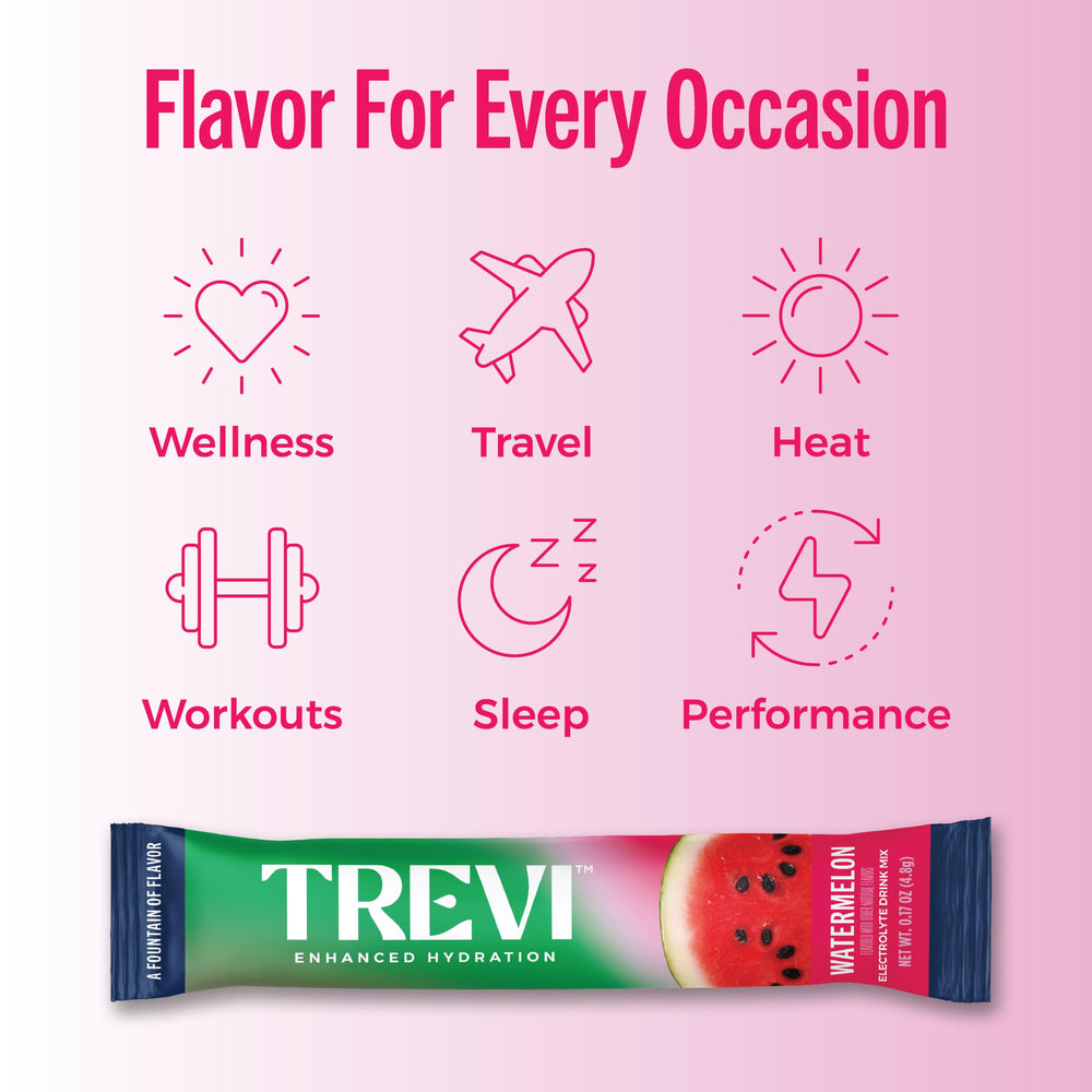 TREVI vegan electrolyte sachets highlight allergen-free, plant-based hydration.