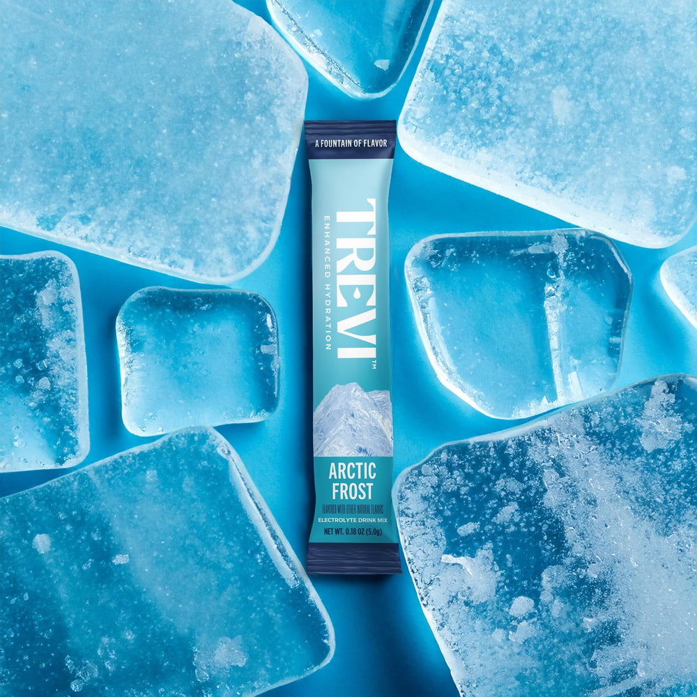 Closeup of TREVI Arctic Frost packet highlighting zero sugar