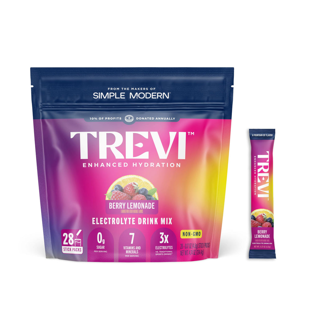 TREVI Sugar Free Electrolytes Berry Lemonade packets for on-the-go hydration.