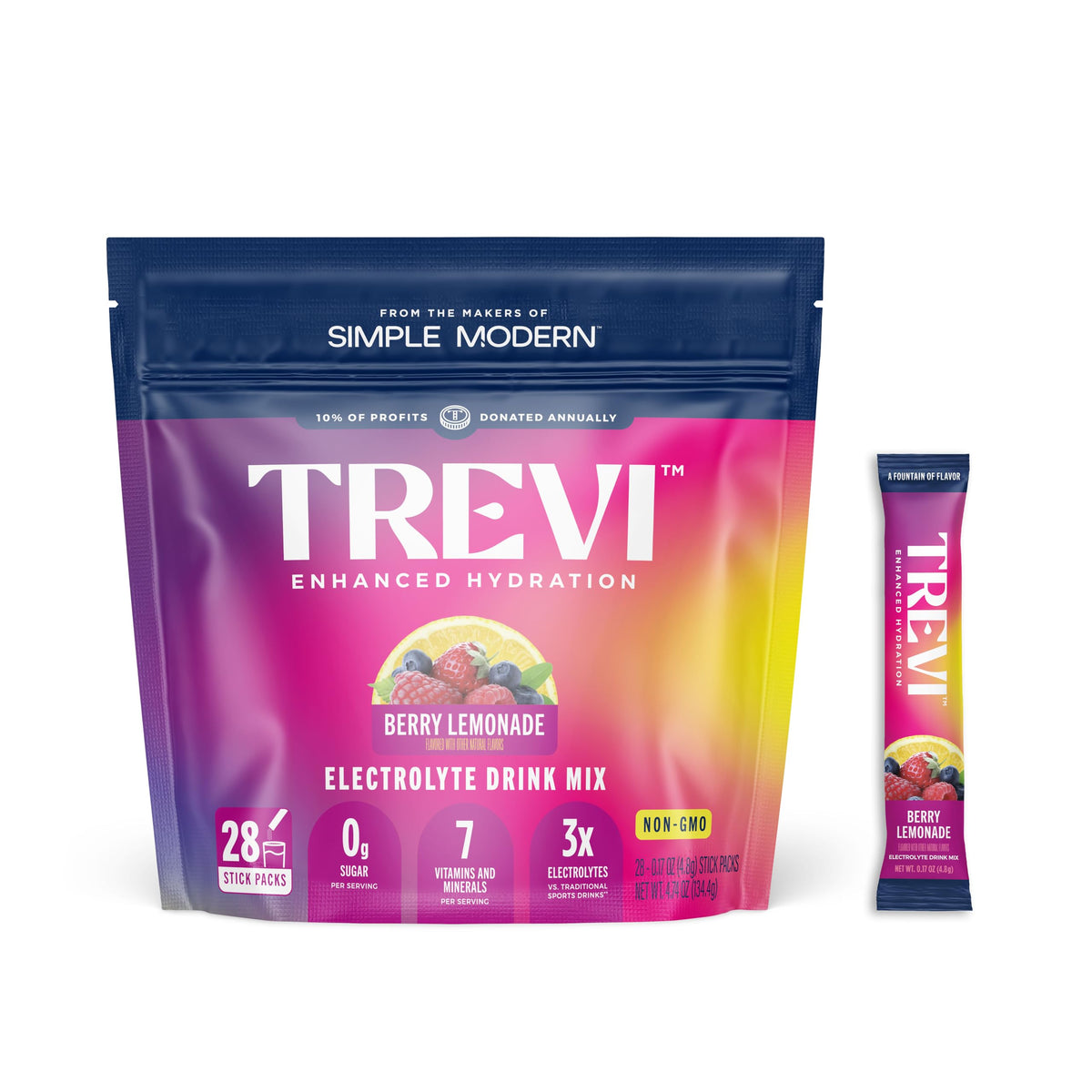 TREVI Sugar Free Electrolytes Berry Lemonade packets for on-the-go hydration.