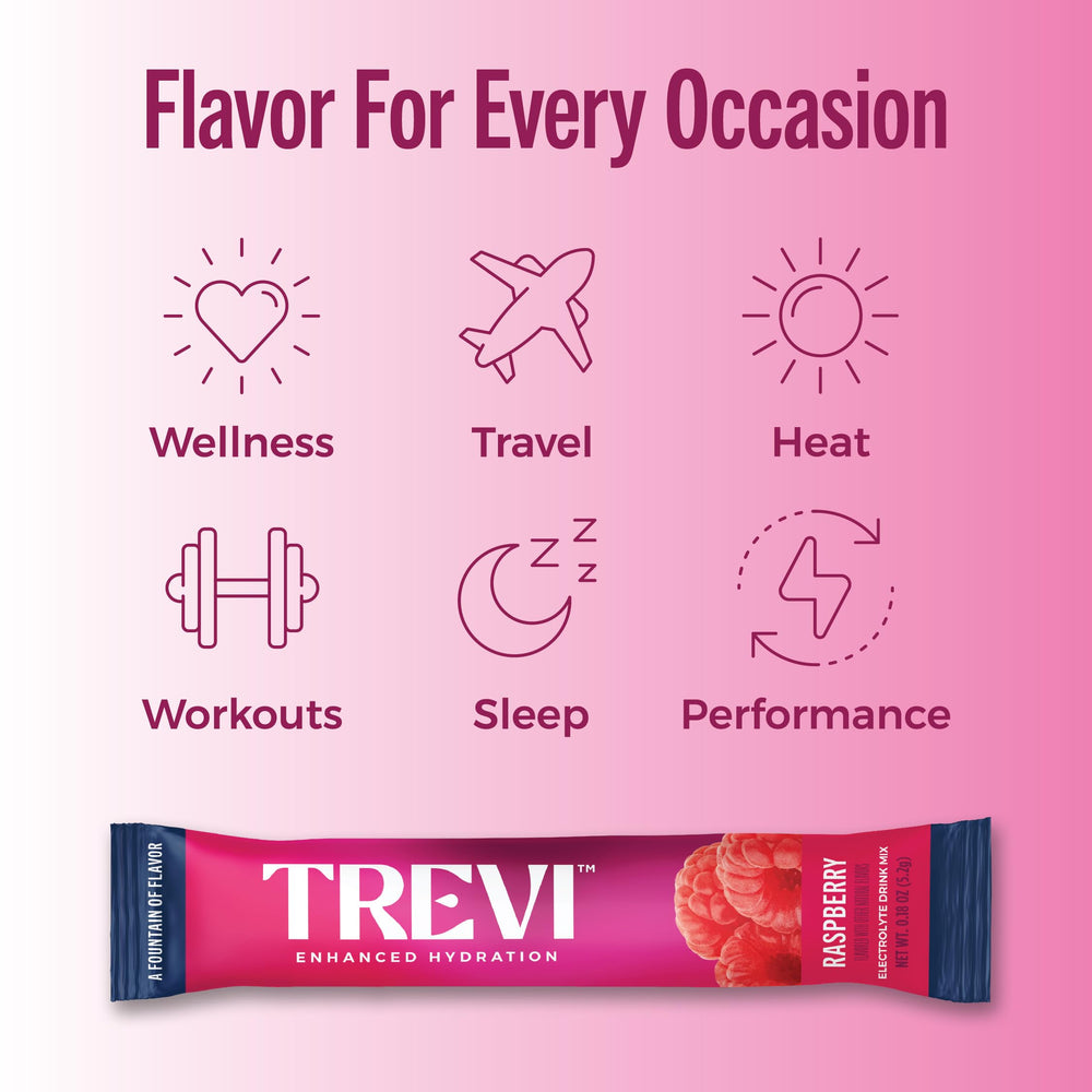 TREVI hydration glass hero shot featuring pink raspberry drink