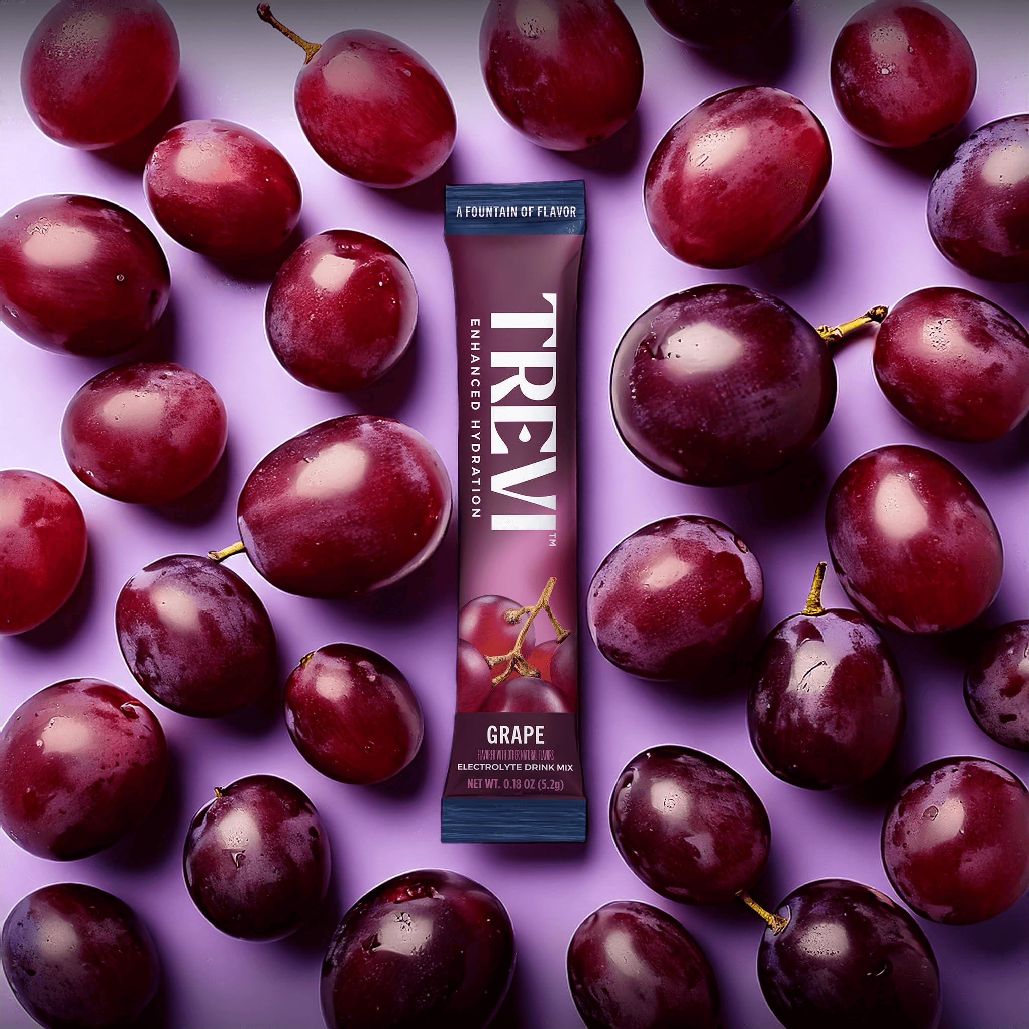 TREVI grape electrolyte packet back shows ingredients and allergen-free status