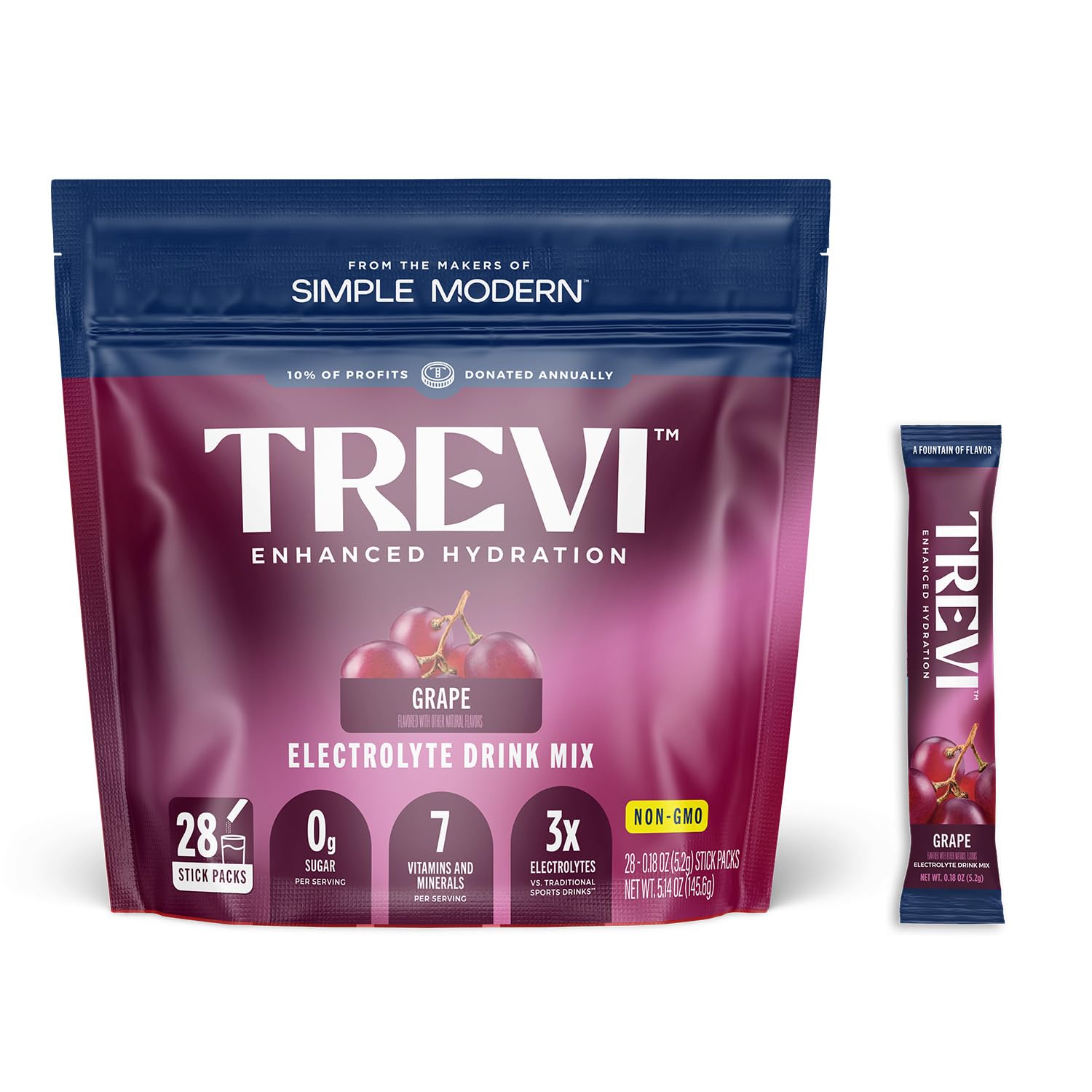TREVI sugar-free electrolytes grape packet front for on-the-go hydration