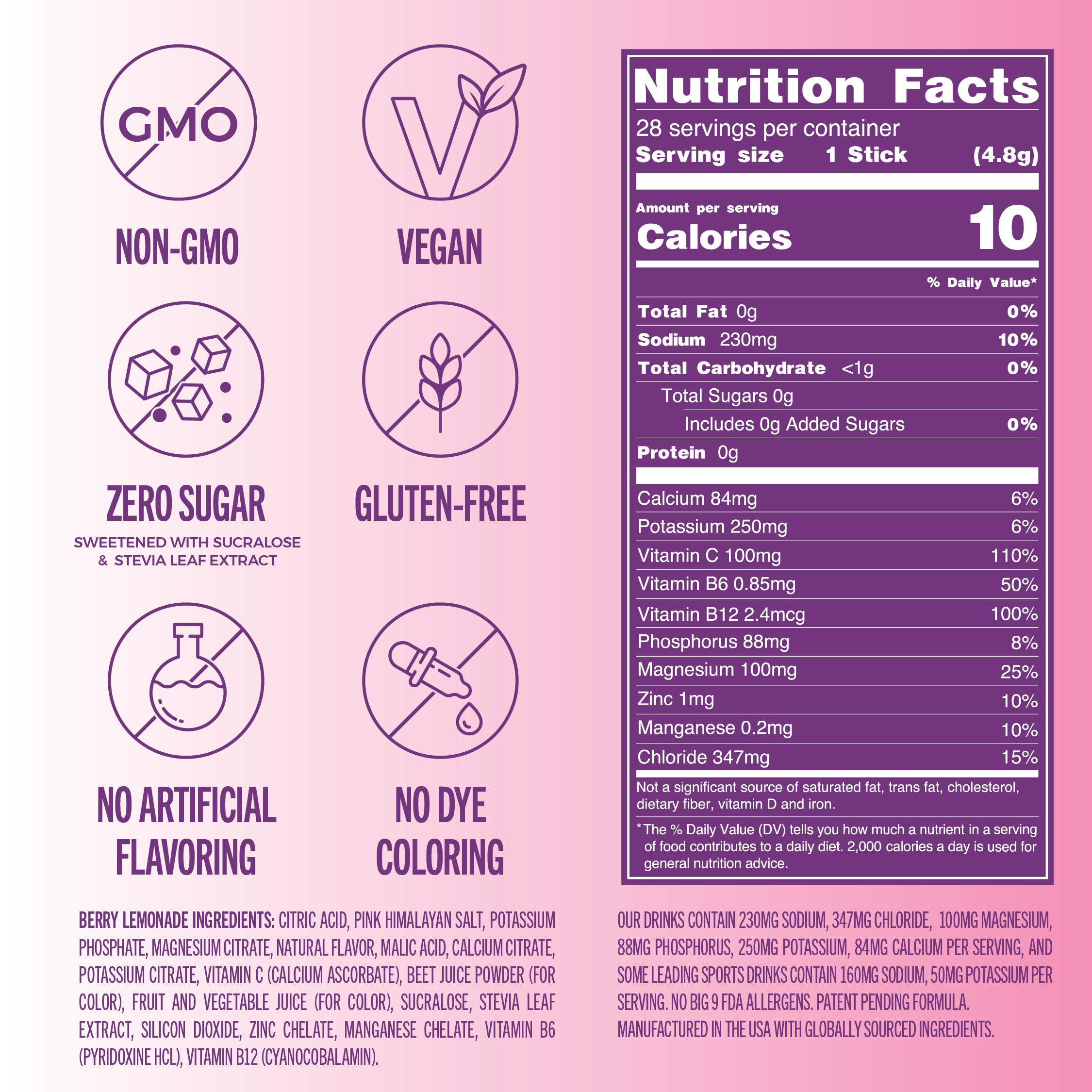 TREVI Berry Lemonade ingredients label highlighting vegan and zero sugar features.