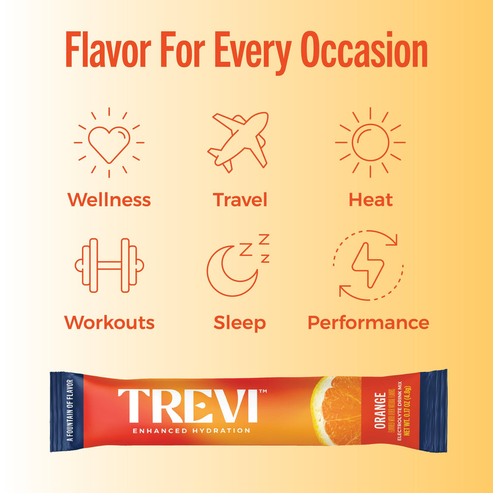 Travel-friendly TREVI electrolyte packets ready for on-the-go hydration.