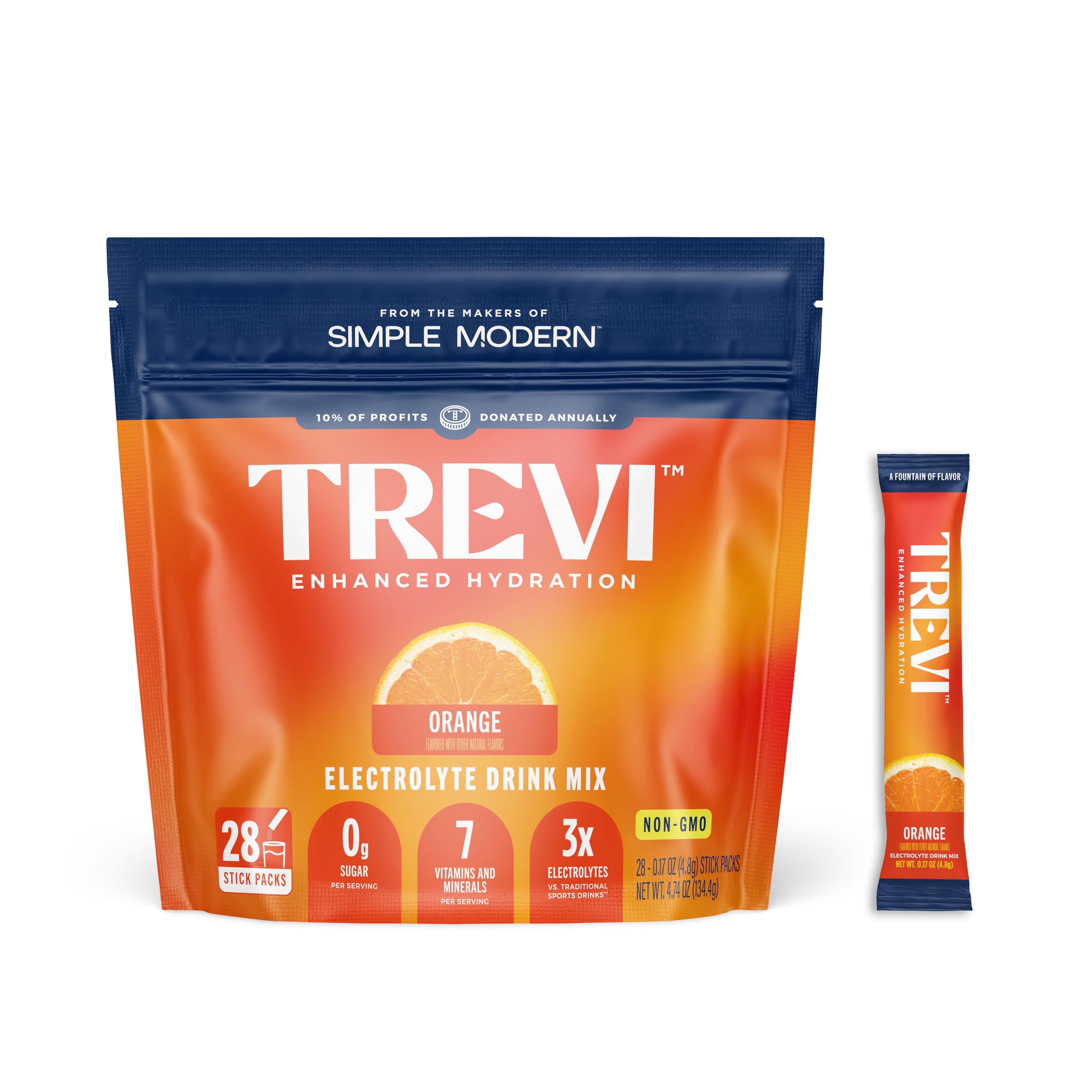 TREVI Sugar Free Electrolytes Orange pack on display for daily hydration.