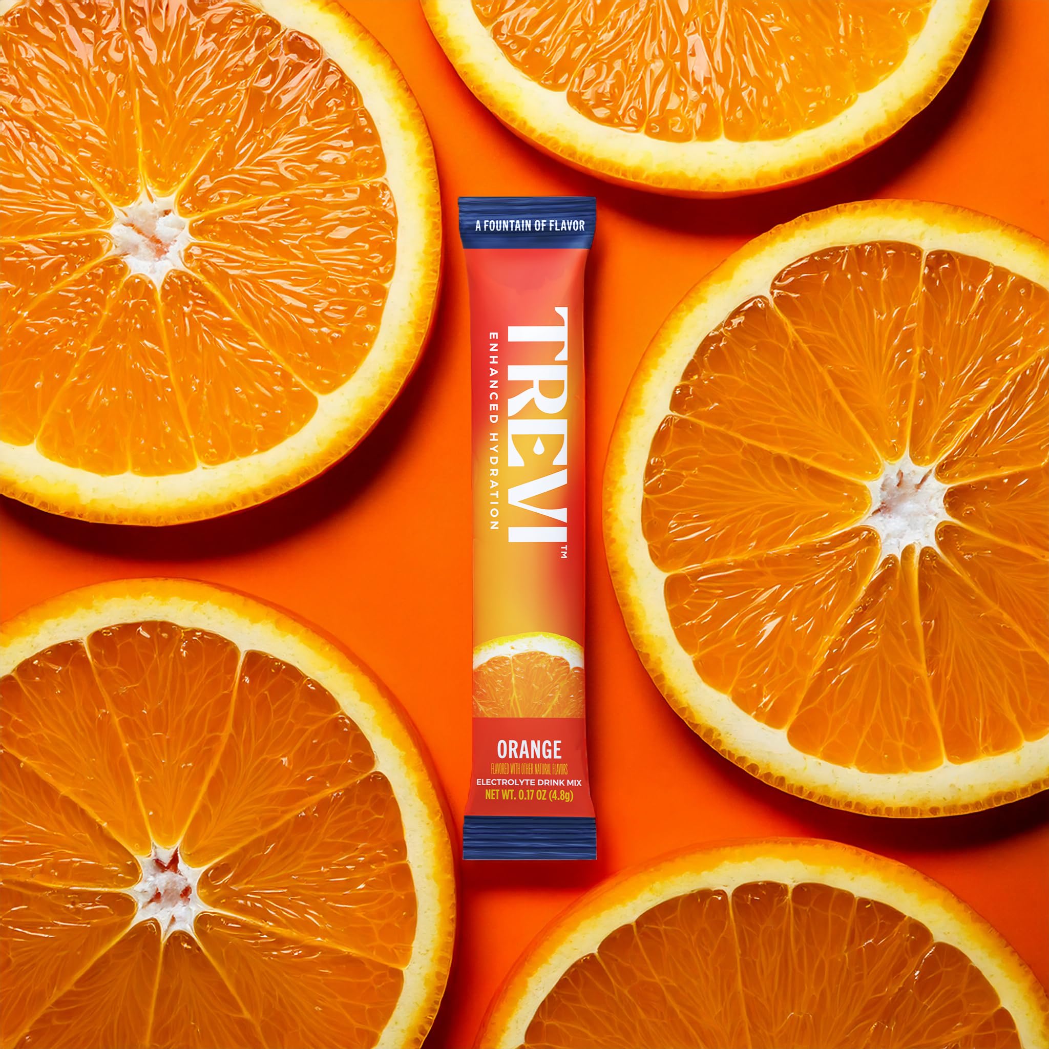 TREVI Sugar Free Electrolytes Orange bottle close-up highlighting zero sugar.