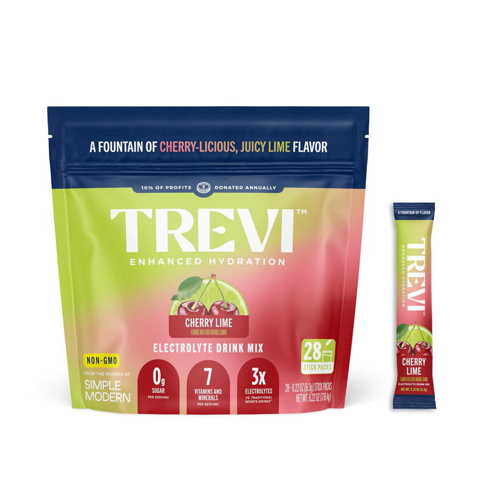 TREVI Sugar Free Electrolytes packets front view with Cherry Lime flavor for zero sugar hydration on the go.
