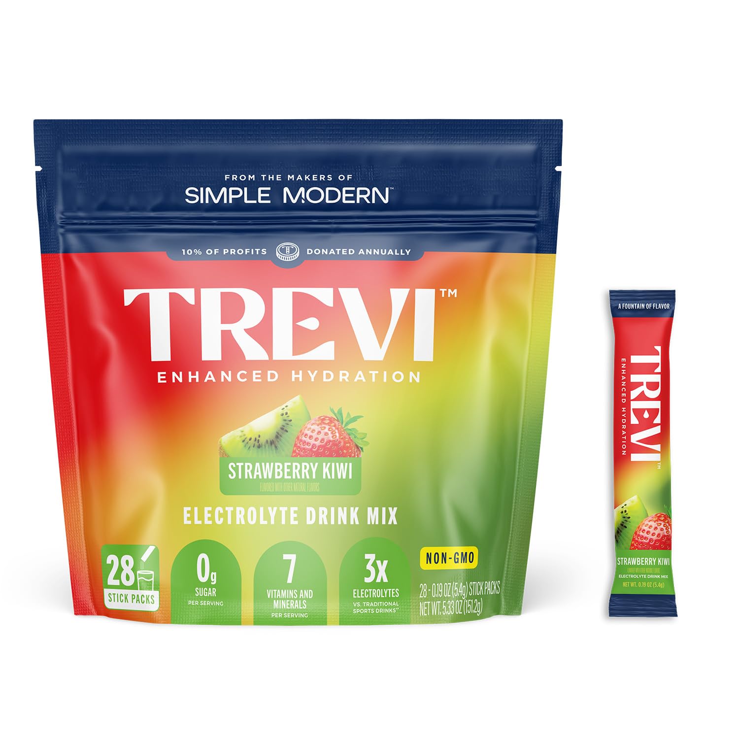 TREVI Sugar-Free Electrolytes strawberry-kiwi packets front view for flavorful hydration on the go.