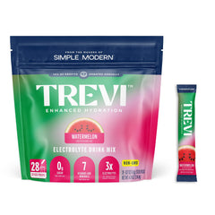 TREVI Watermelon electrolyte packets beside a glass for daily hydration on the go.
