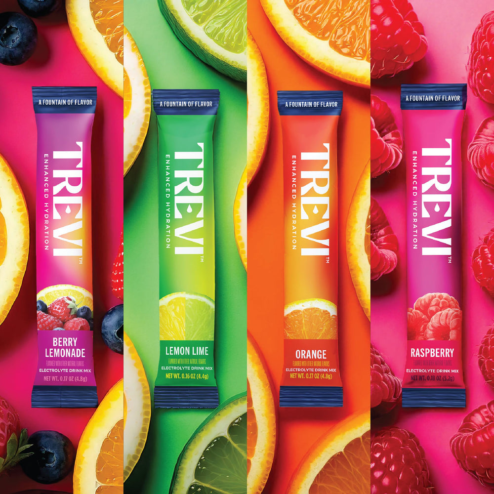TREVI Lemon Lime electrolyte packet stirred into water for refreshment