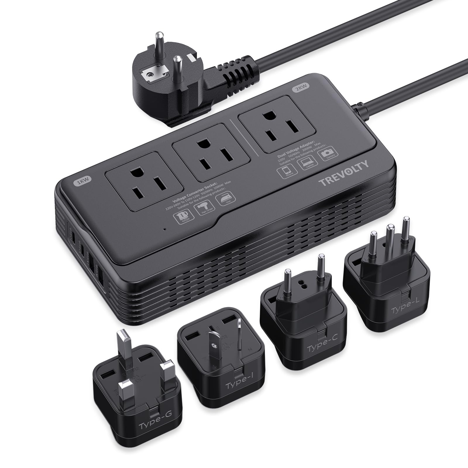Trevolty 2000W travel converter front view with USB ports for on-the-go charging