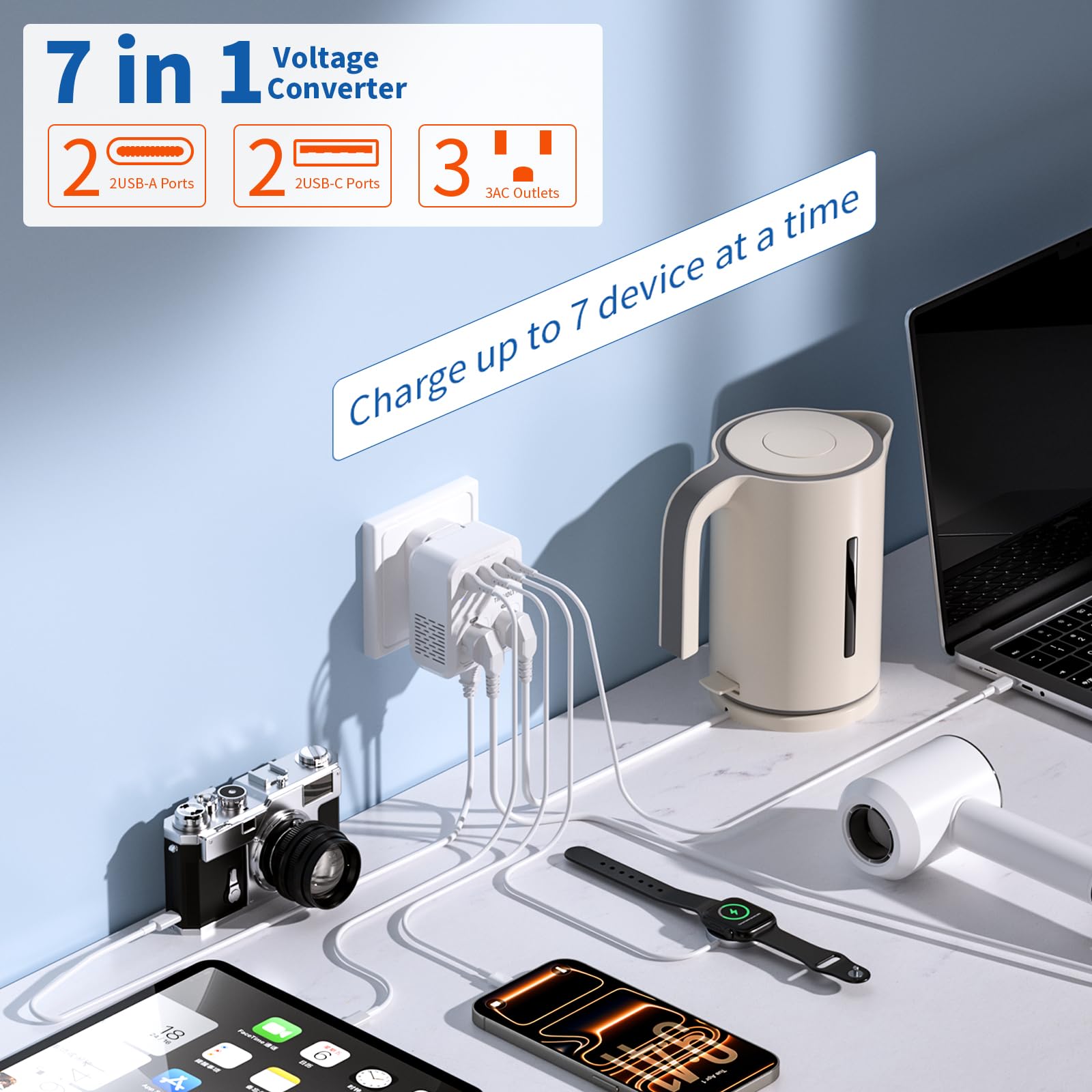 TREVOLTY 7-in-1 international power adapter ports for multi-device charging