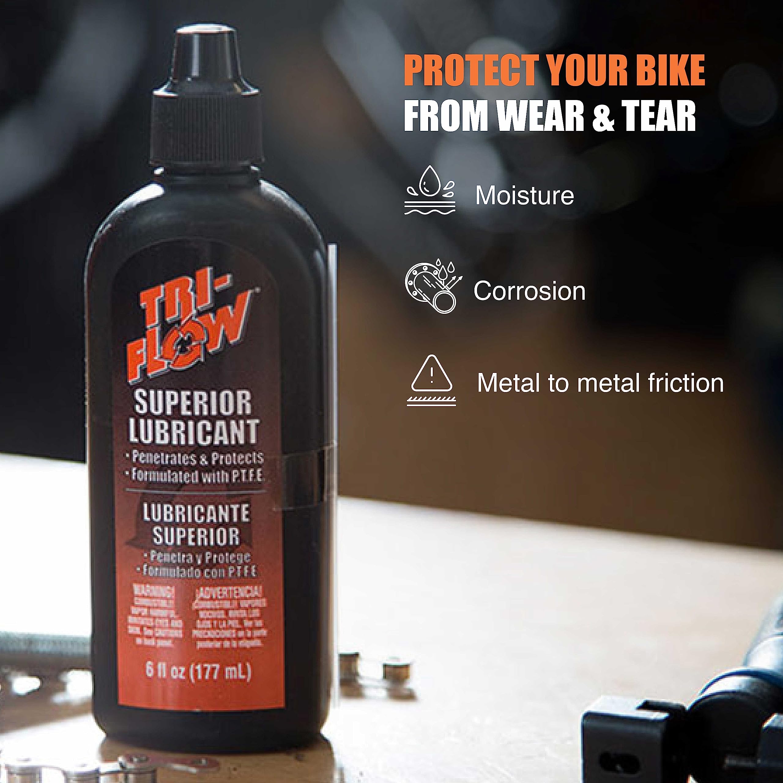 Tri-Flow TF0021060 rust protection feature guards metal components.
