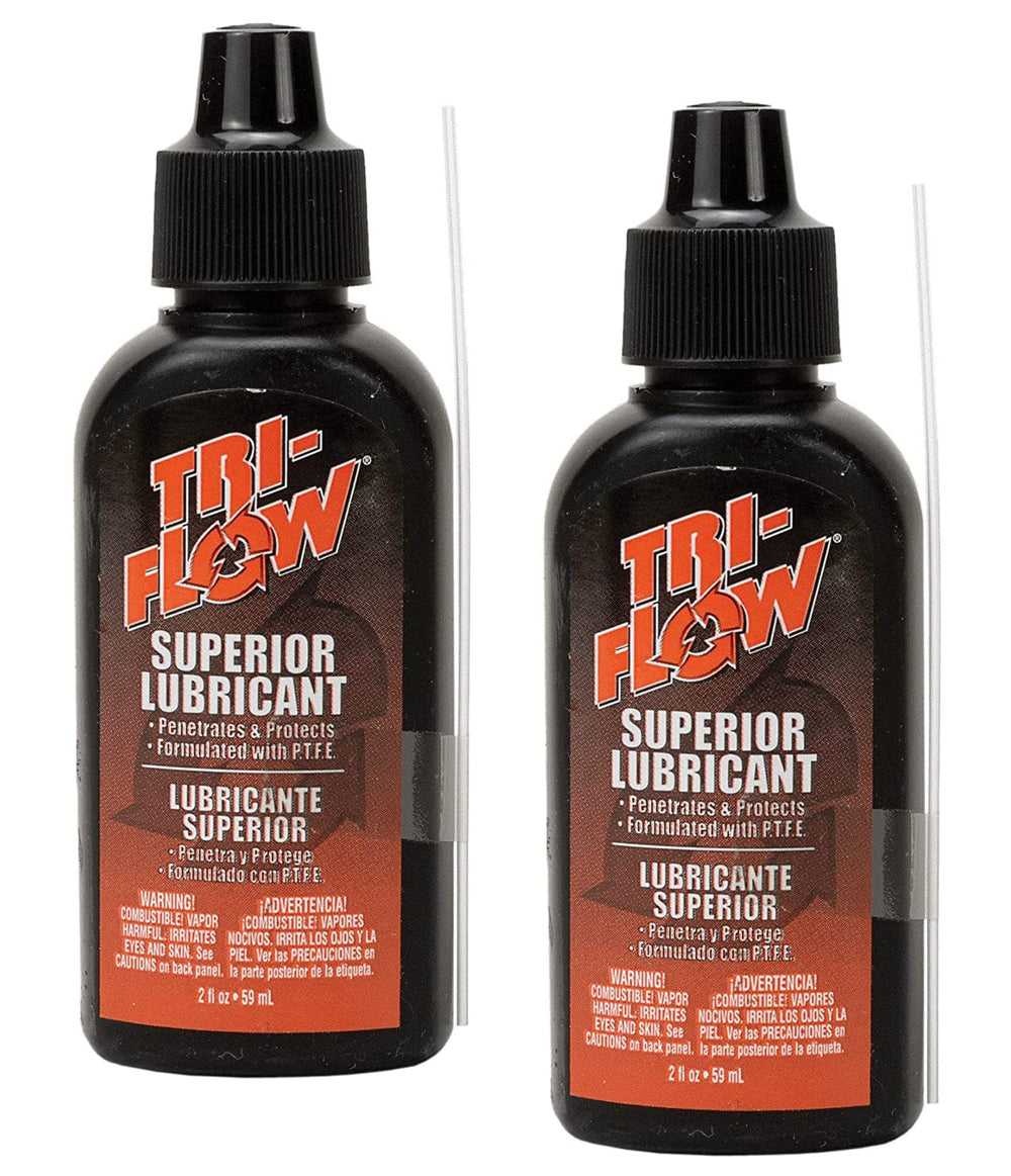 Tri-Flow two-ounce bottles with squeeze cap for easy, controlled lubrication.