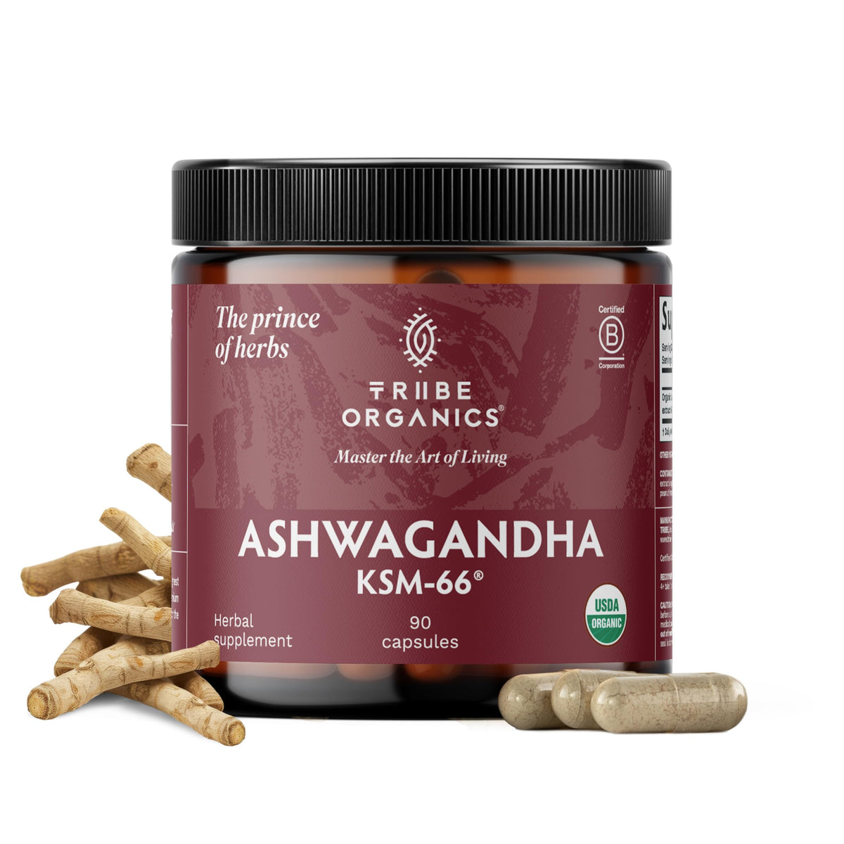 TRIBE ORGANICS Ashwagandha KSM-66 bottle for daily focus and energy support.
