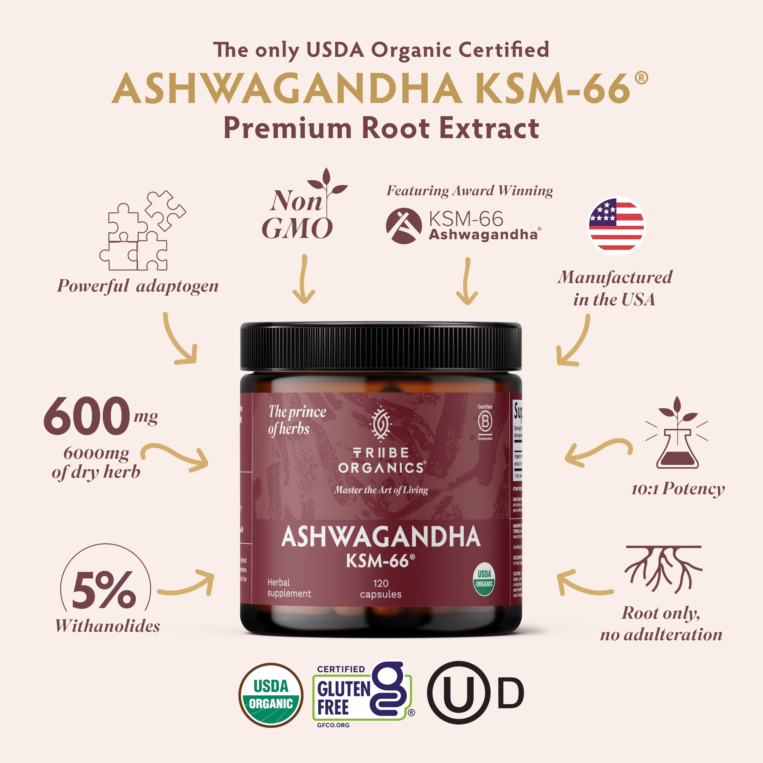 TRIBE ORGANICS Ashwagandha KSM-66 capsules label shows 5% withanolides for consistent potency.