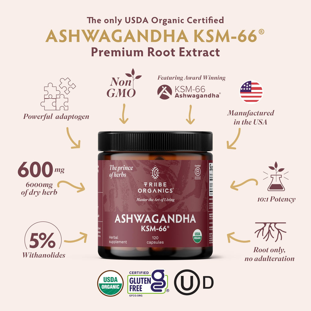 TRIBE ORGANICS Ashwagandha KSM-66 capsules label shows 5% withanolides for consistent potency.