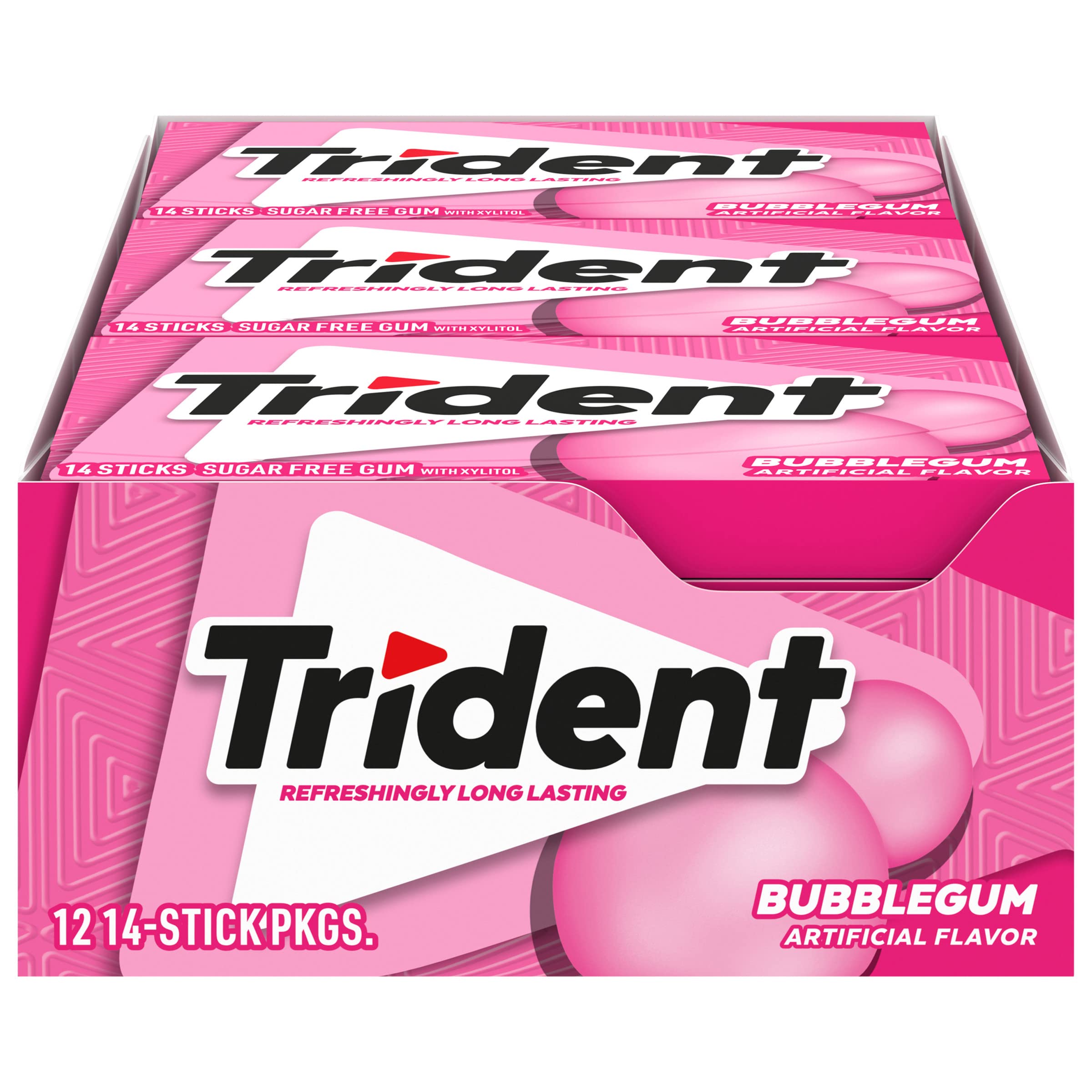 Trident Bubblegum Sugar Free Gum bulk pack on a desk for quick freshness.