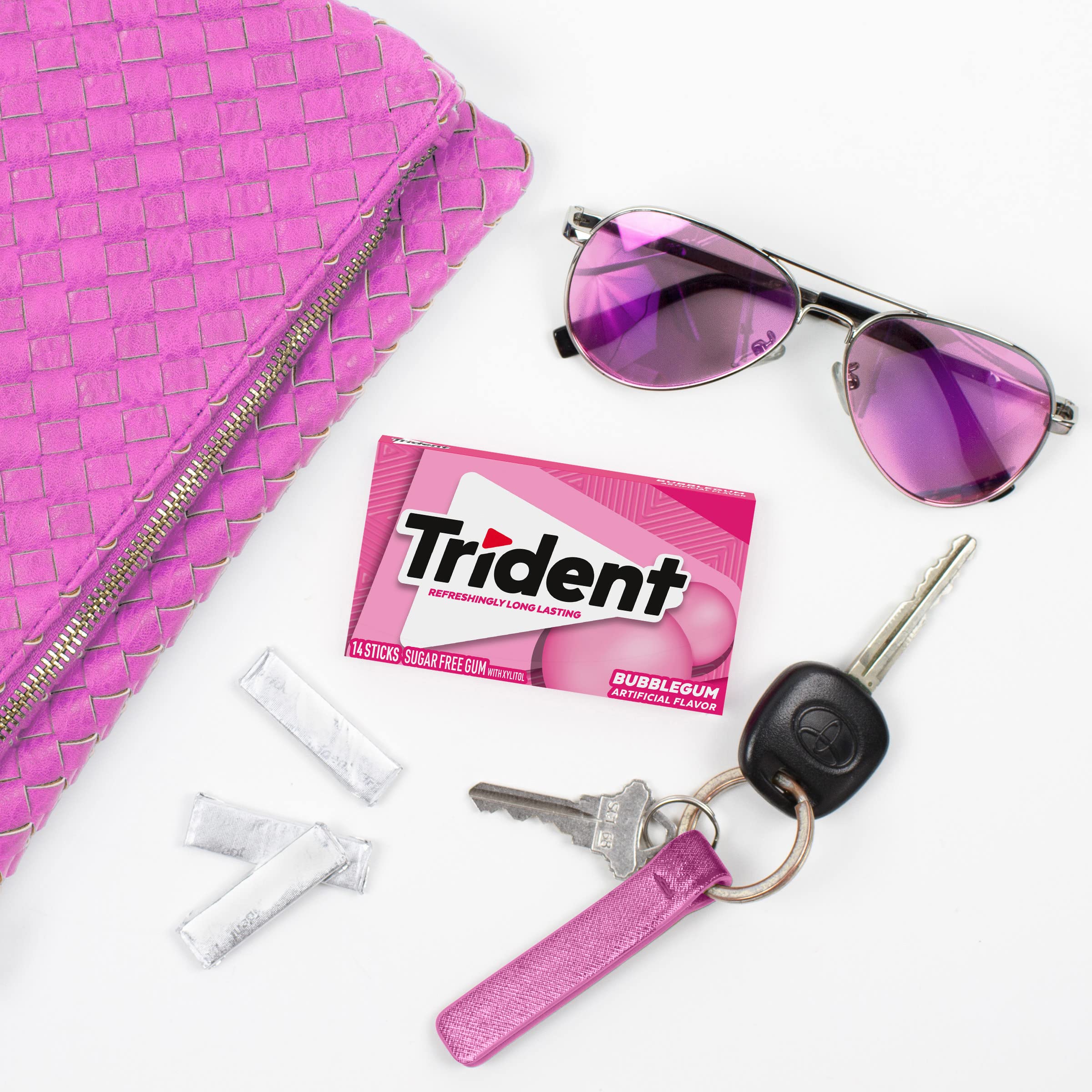 Trident Bubblegum Sugar Free Gum in a desk drawer for convenience.
