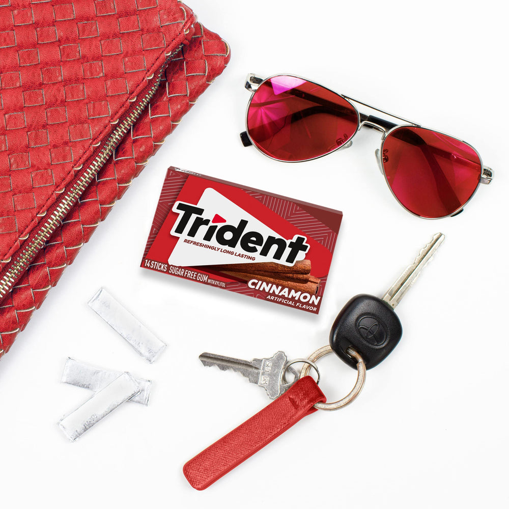 Trident Cinnamon Sugar Free Gum in car glovebox for post-meal breath refresh